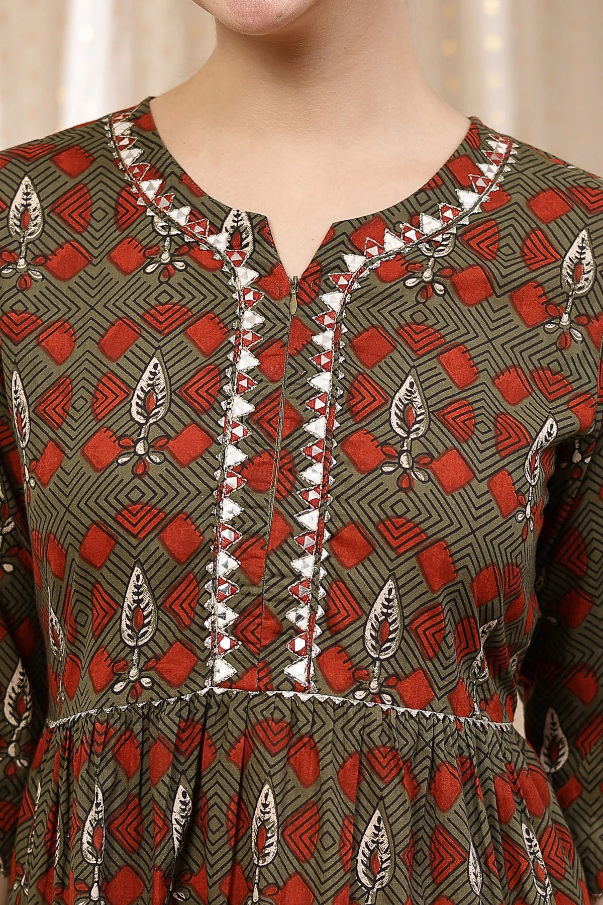 Ethnic Cotton Tiered Maternity Kurti for Feeding - Green - Image 5