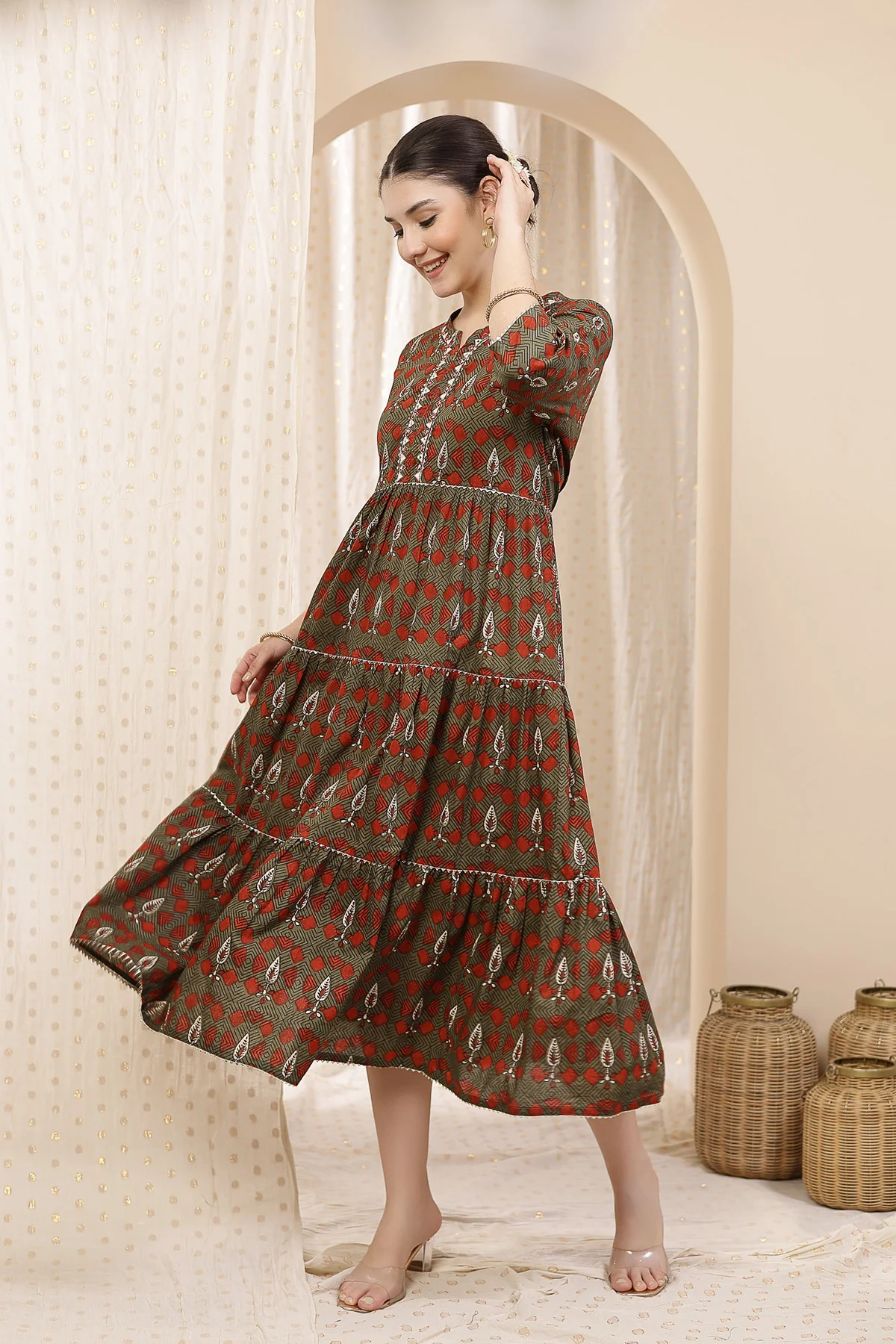 Ethnic Cotton Tiered Maternity Kurti for Feeding - Green - Image 6