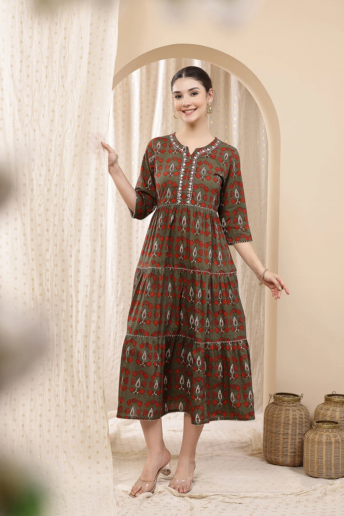 Ethnic Cotton Tiered Maternity Kurti for Feeding - Green - Image 7