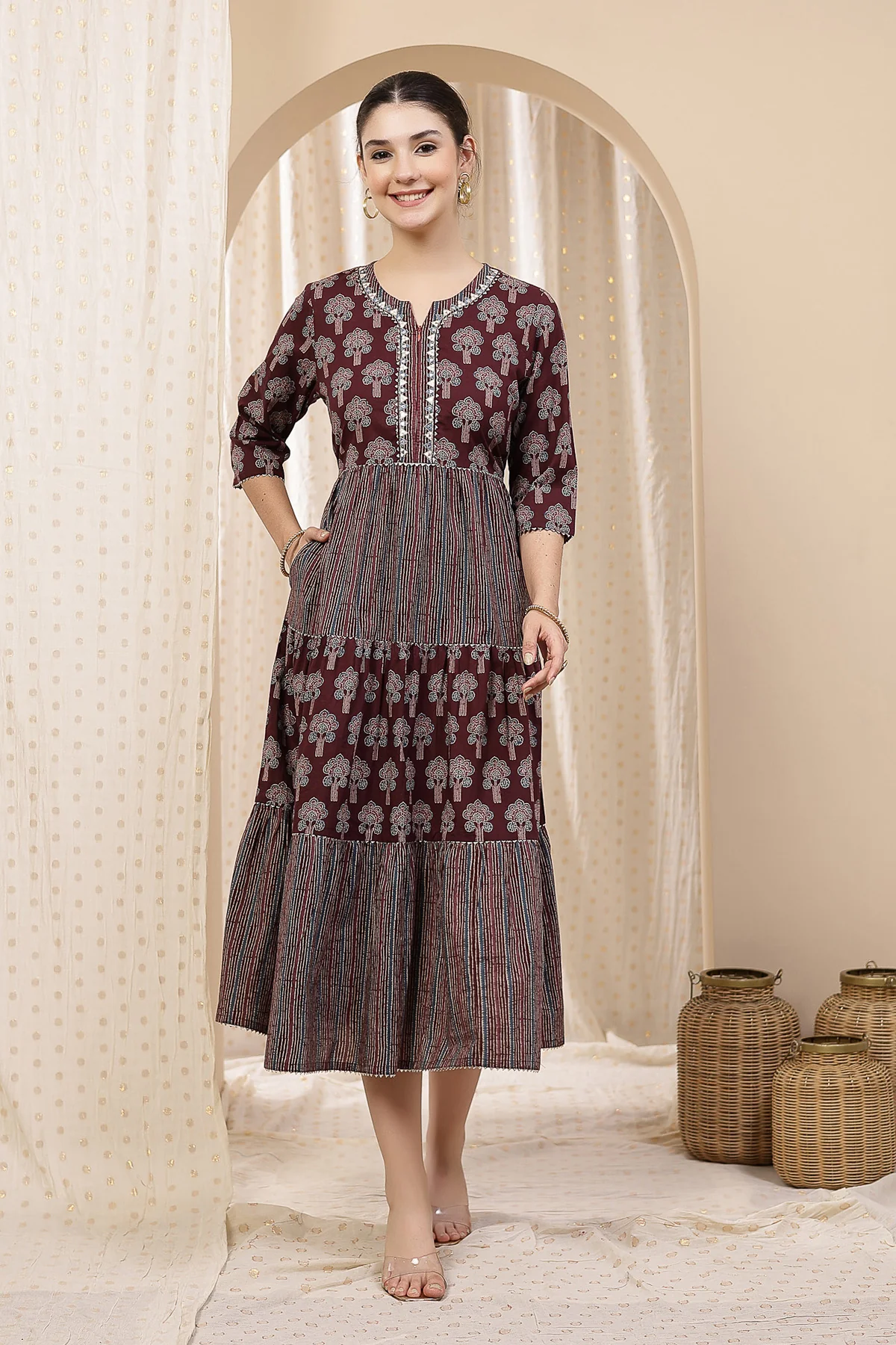 Ethnic Cotton Tiered Maternity Kurti for Feeding - Plum - Image 11