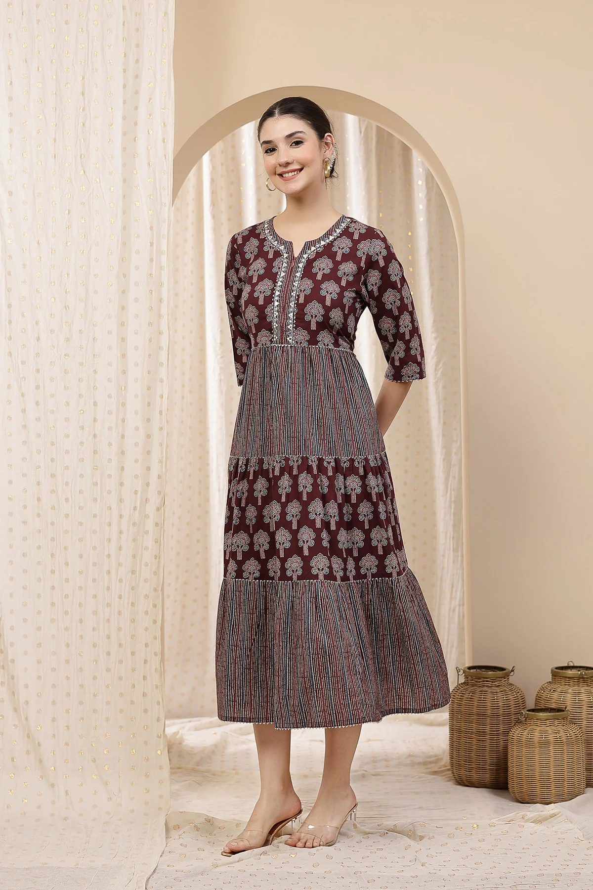 Ethnic Cotton Tiered Maternity Kurti for Feeding - Plum - Image 12