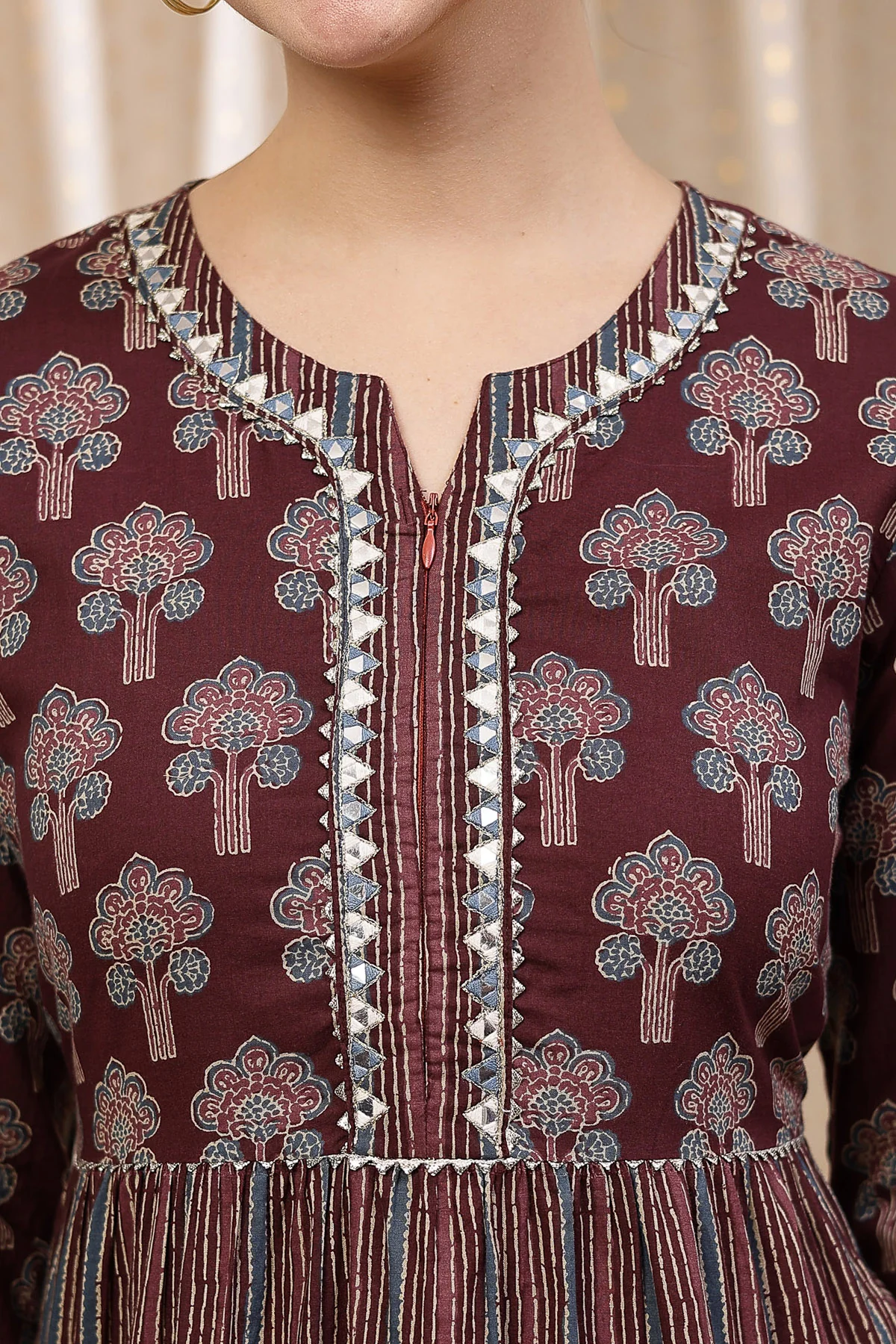 Ethnic Cotton Tiered Maternity Kurti for Feeding - Plum - Image 13