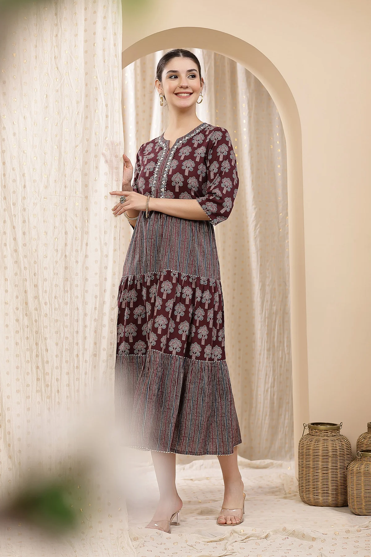 Ethnic Cotton Tiered Maternity Kurti for Feeding - Plum - Image 14
