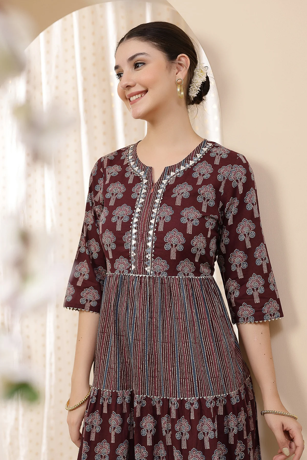 Ethnic Cotton Tiered Maternity Kurti for Feeding - Plum - Image 15