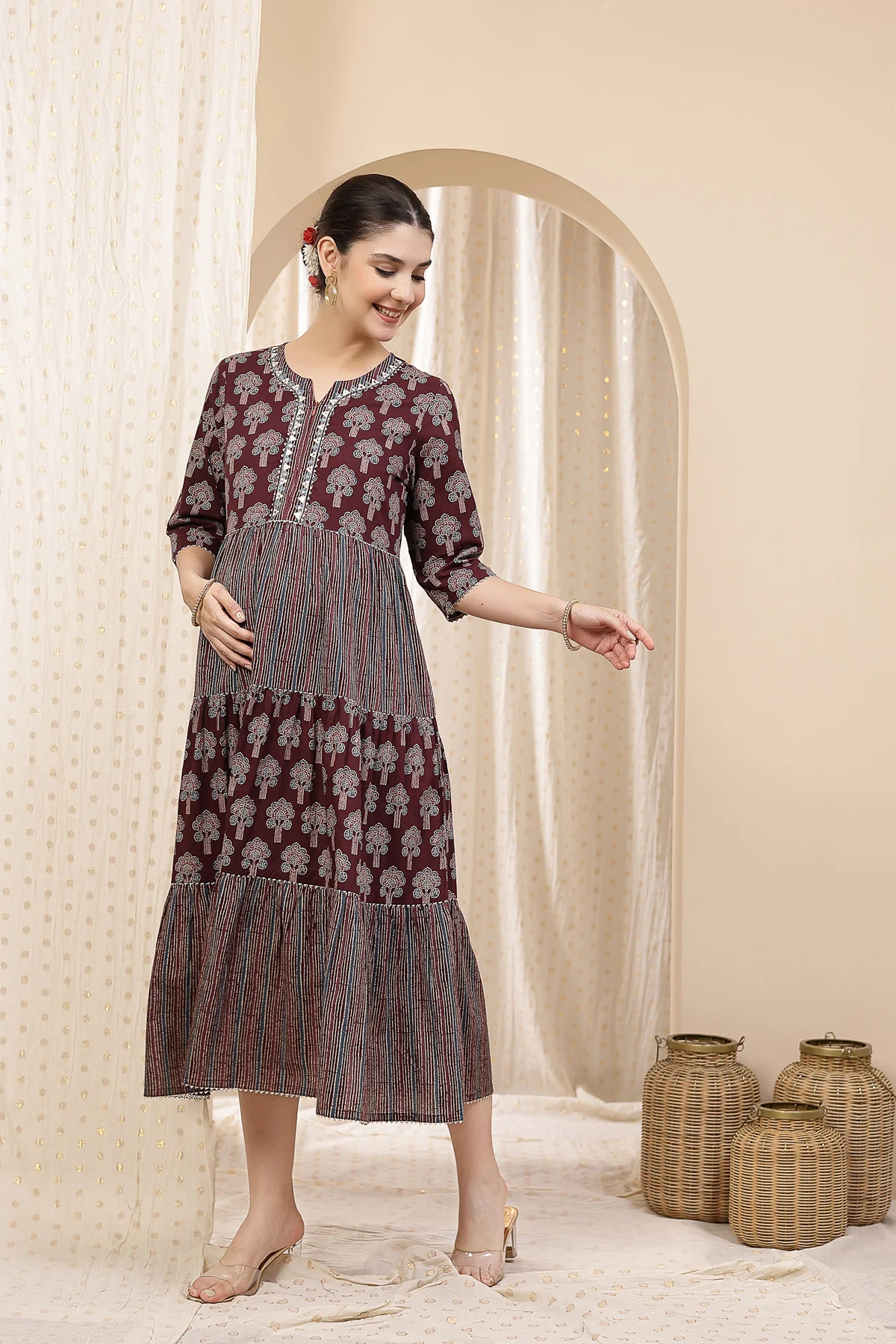 Ethnic Cotton Tiered Maternity Kurti for Feeding - Plum - Image 16