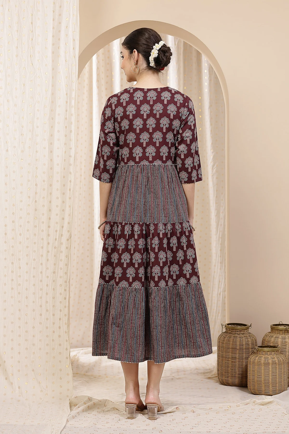 Ethnic Cotton Tiered Maternity Kurti for Feeding - Plum - Image 3