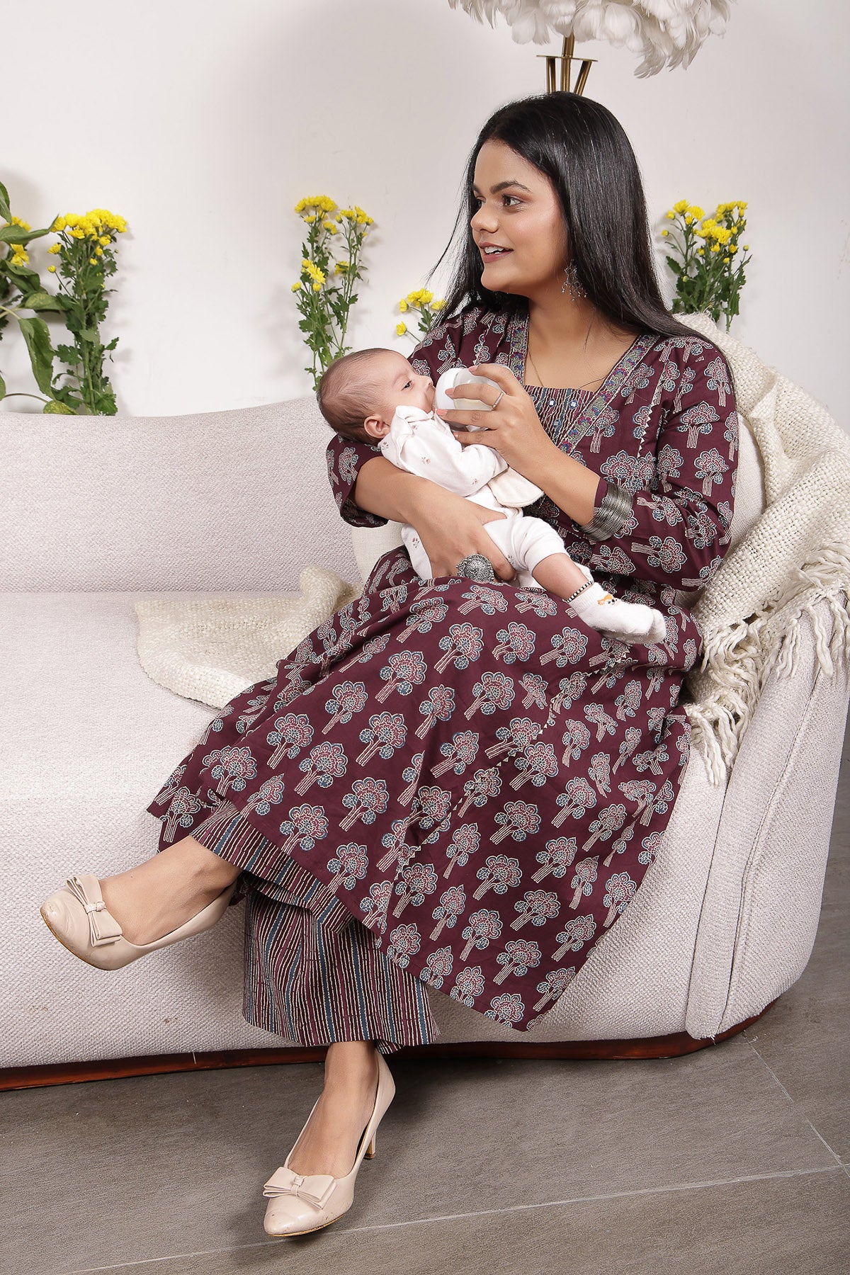 Ethnic Cotton Tiered Maternity Kurti for Feeding - Plum - Image 4