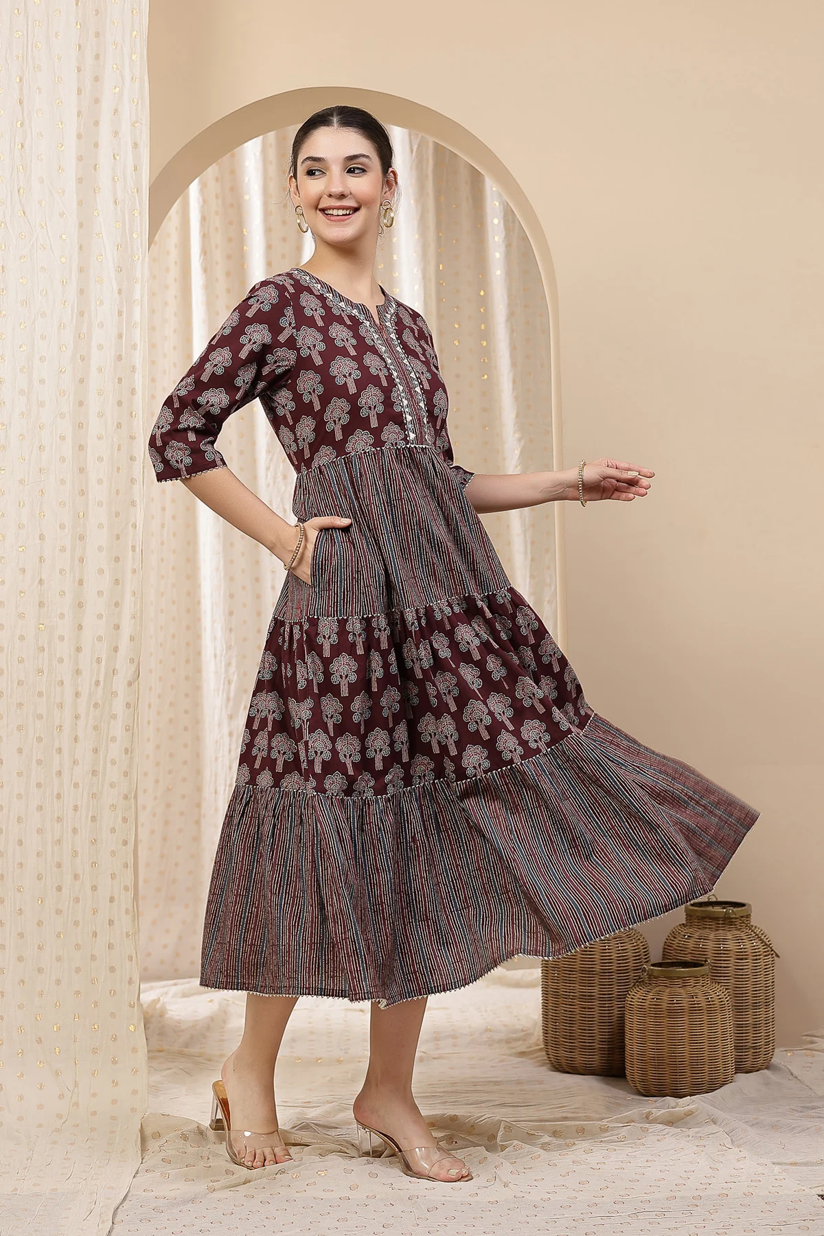 Ethnic Cotton Tiered Maternity Kurti for Feeding - Plum - Image 6