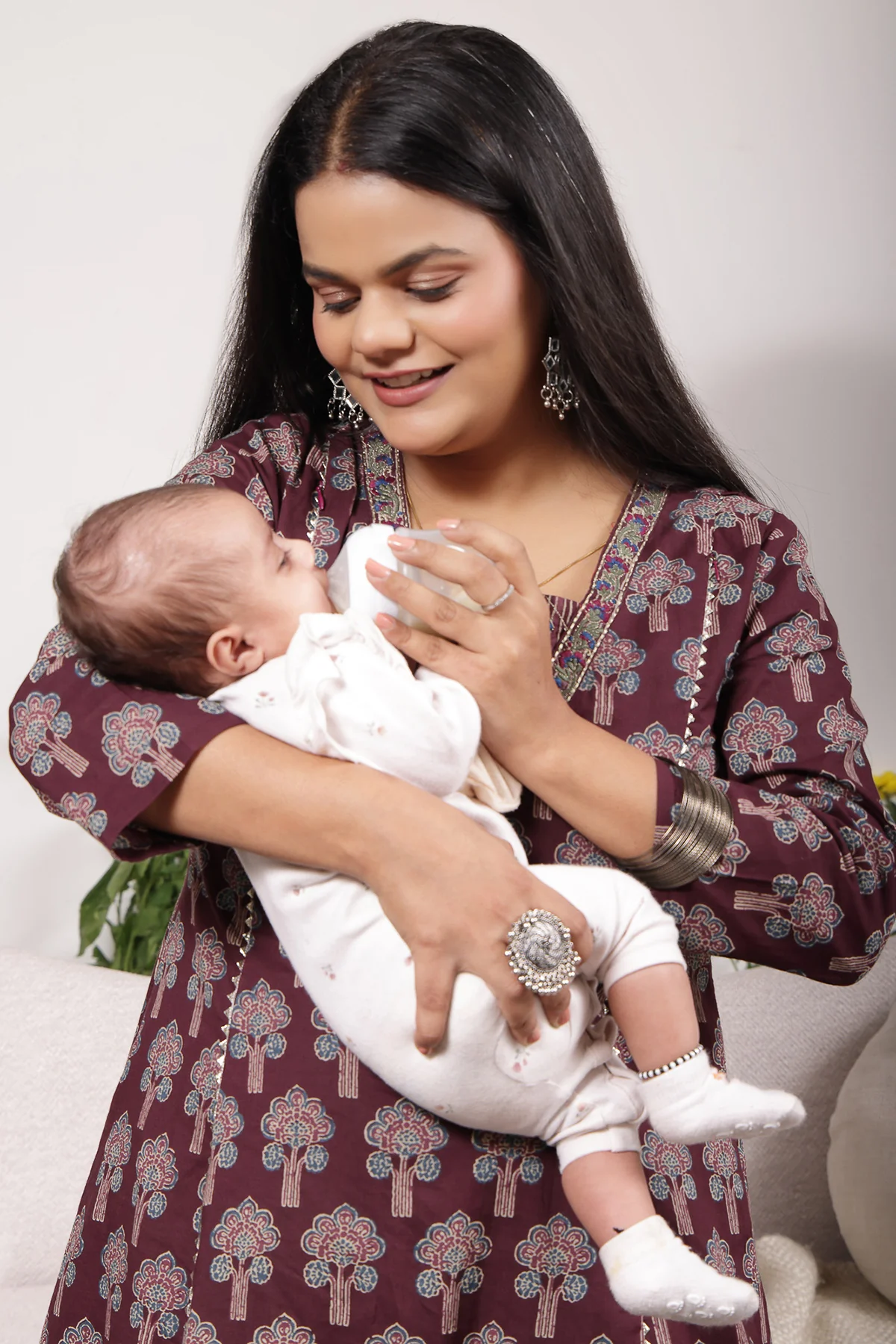 Ethnic Cotton Tiered Maternity Kurti for Feeding - Plum - Image 7