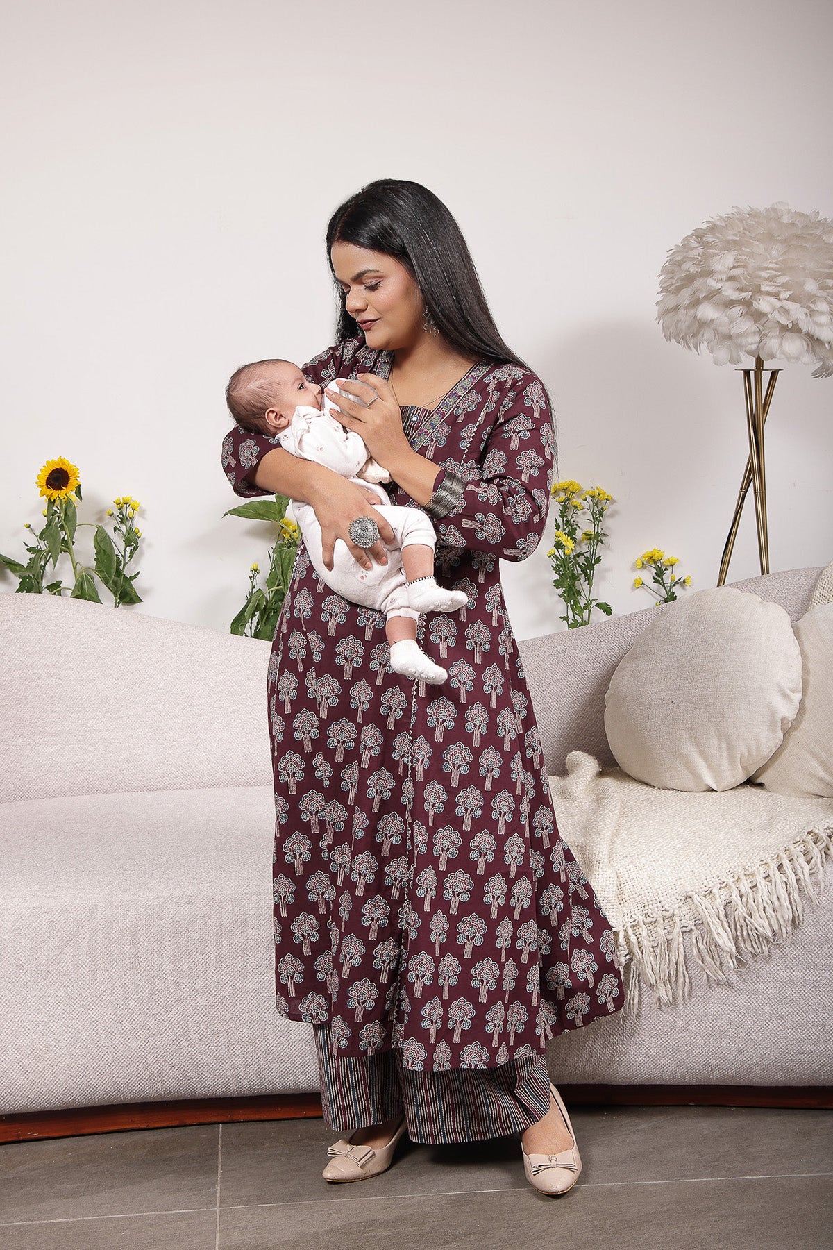 Ethnic Cotton Tiered Maternity Kurti for Feeding - Plum - Image 8