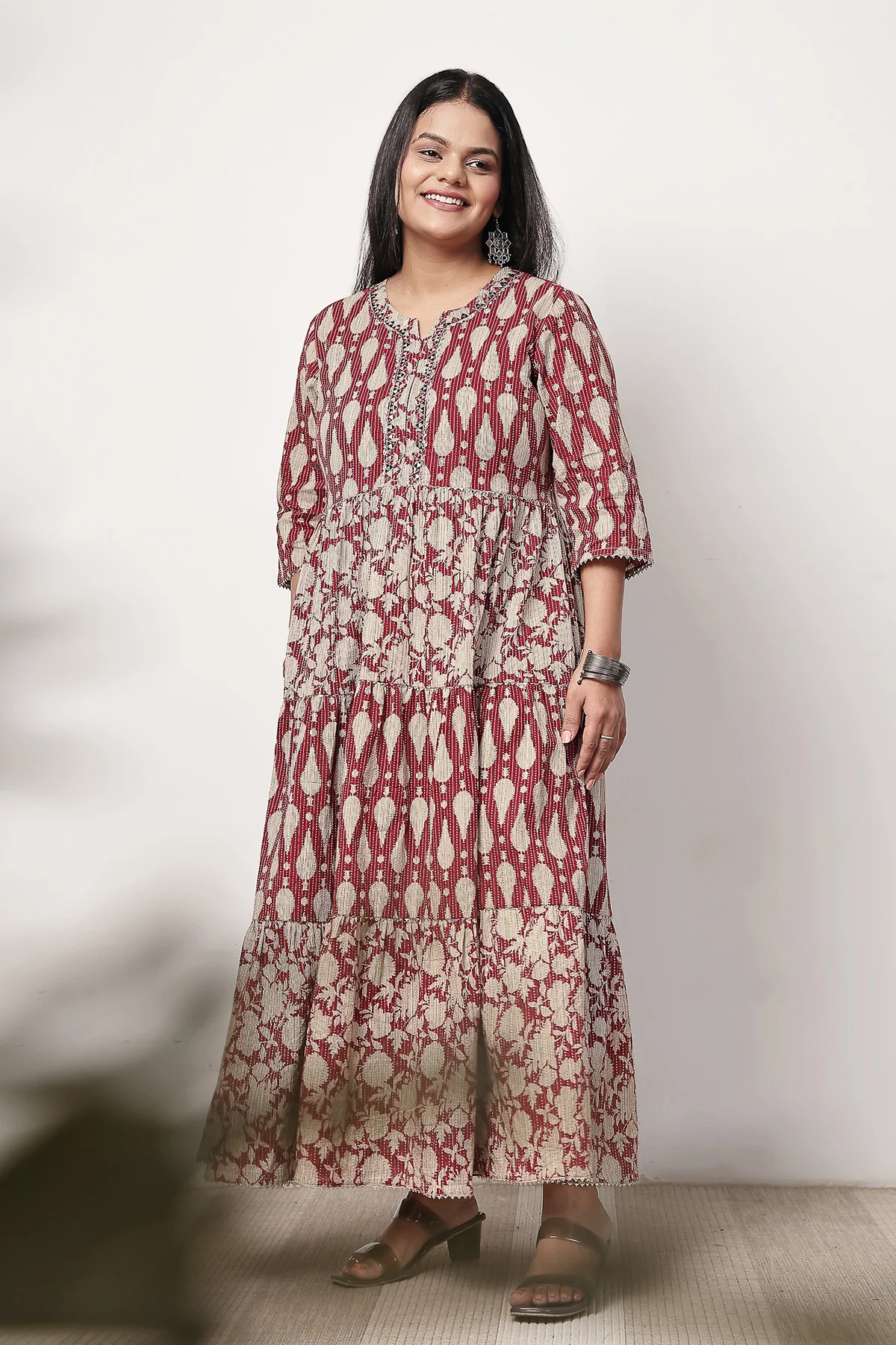 Ethnic Cotton Tiered Maternity Kurti for Feeding - Rust - Image 10