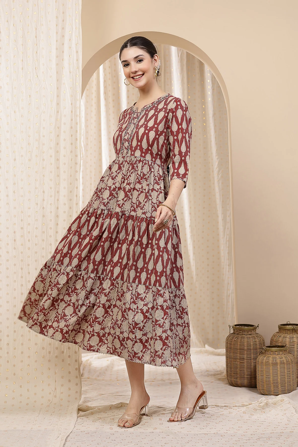 Ethnic Cotton Tiered Maternity Kurti for Feeding - Rust - Image 11
