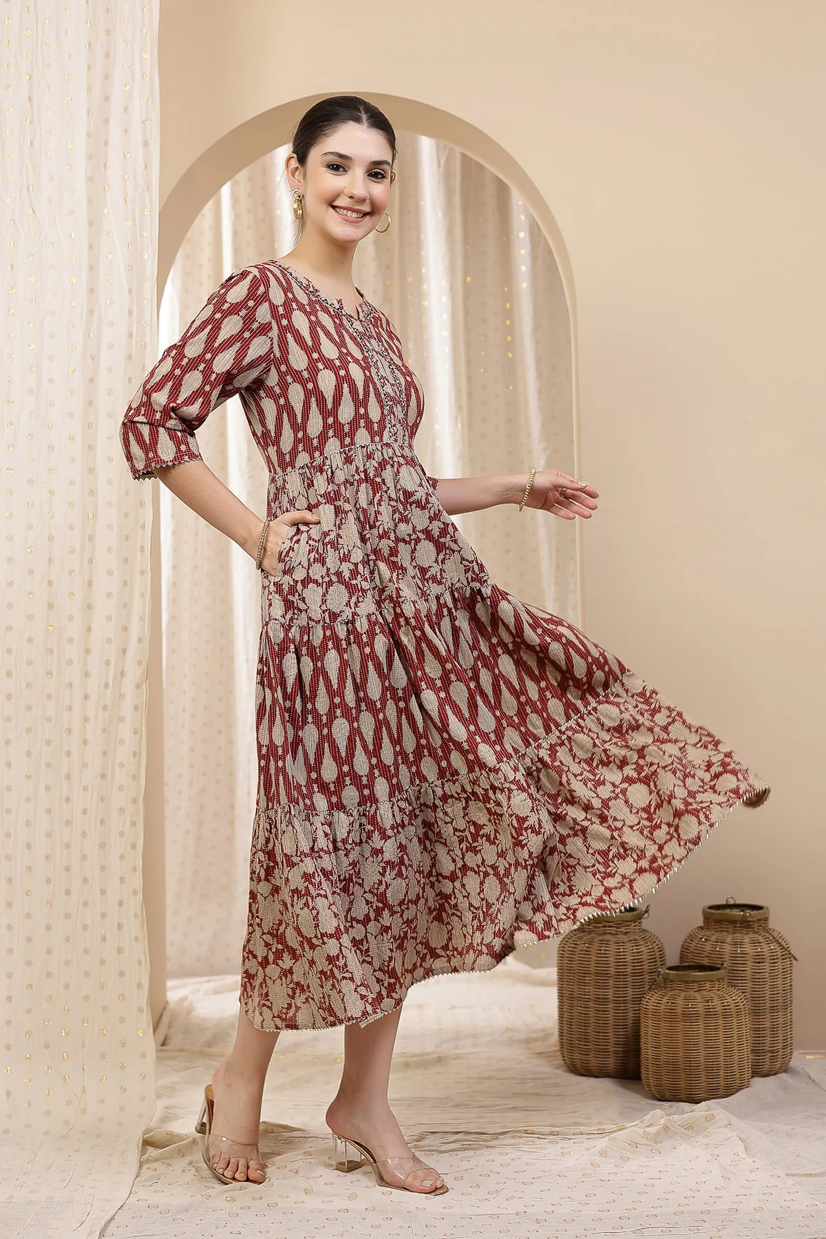 Ethnic Cotton Tiered Maternity Kurti for Feeding - Rust - Image 13