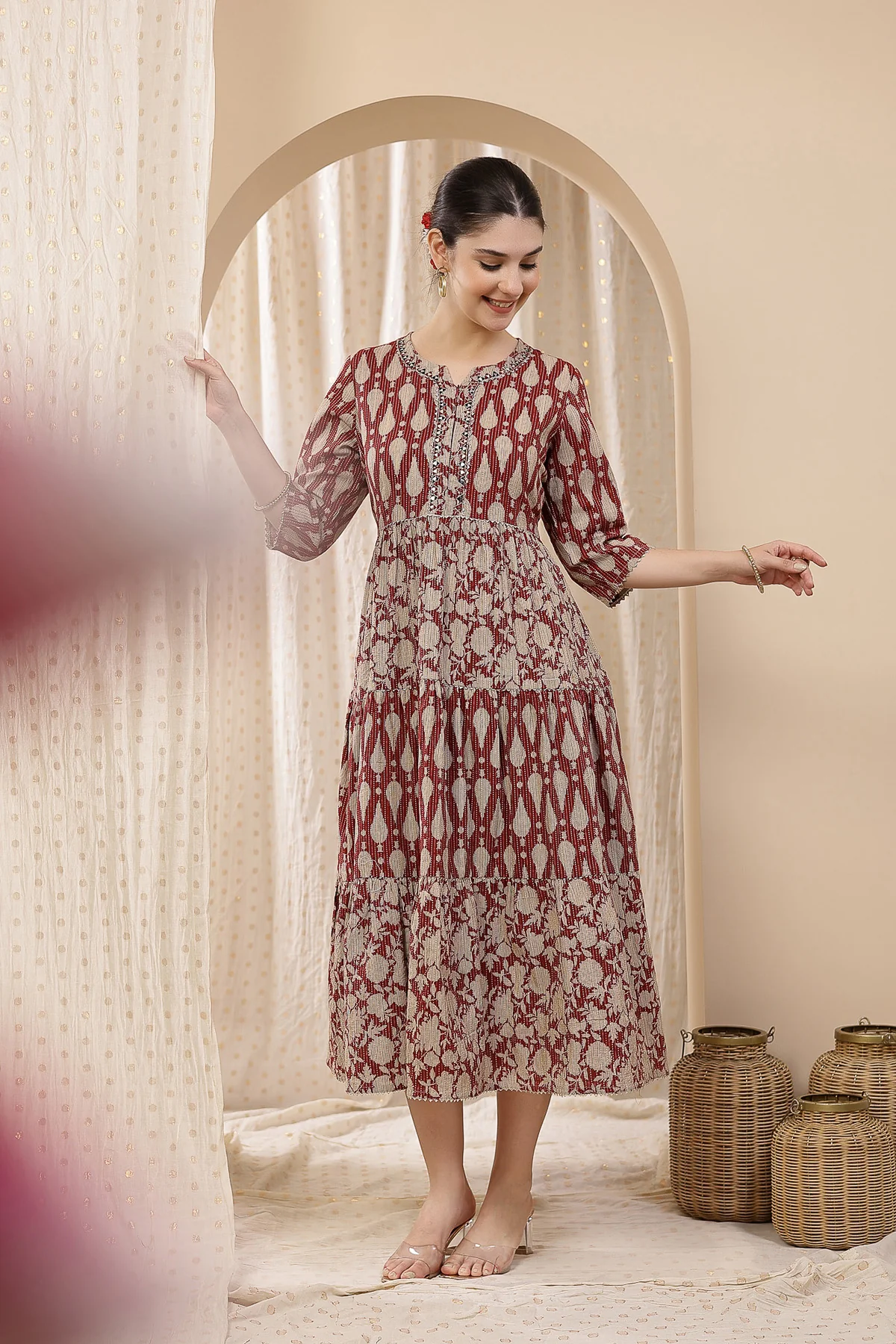 Ethnic Cotton Tiered Maternity Kurti for Feeding - Rust - Image 14