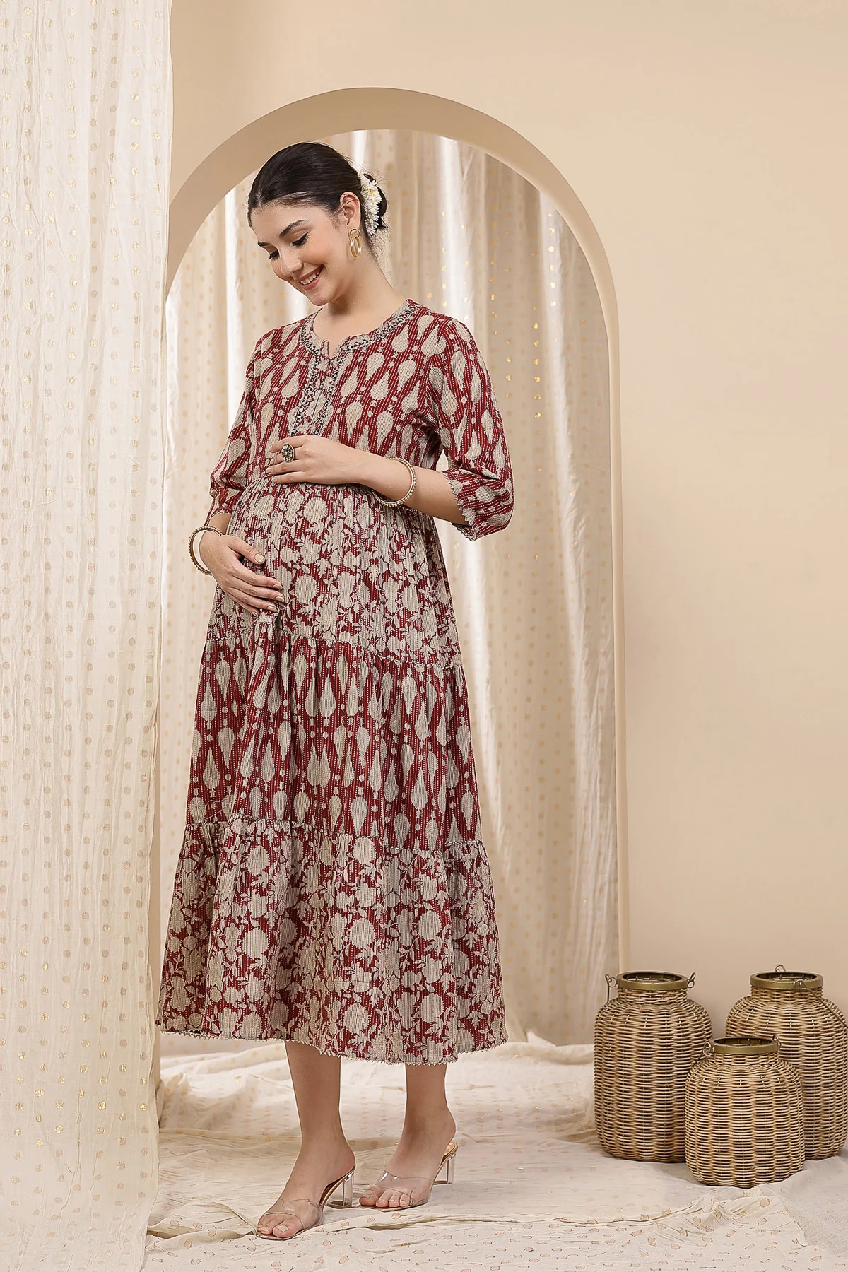 Ethnic Cotton Tiered Maternity Kurti for Feeding - Rust - Image 15