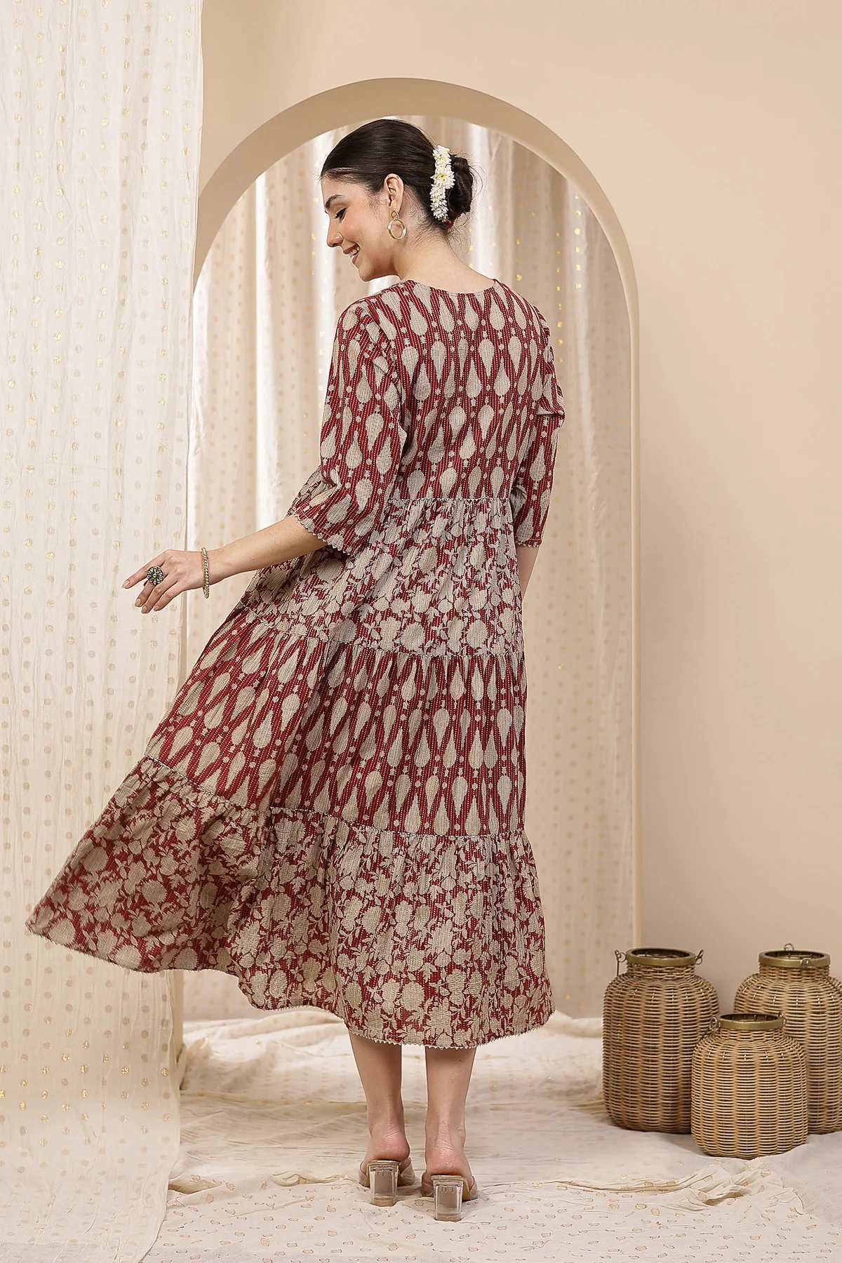 Ethnic Cotton Tiered Maternity Kurti for Feeding - Rust - Image 3