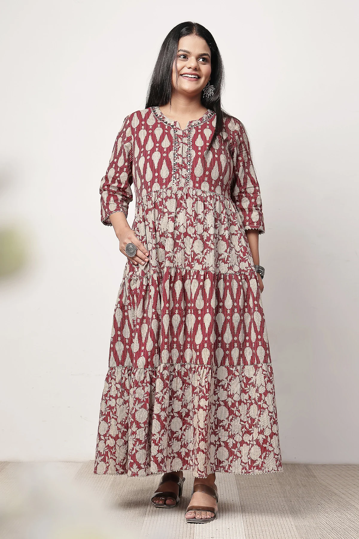 Ethnic Cotton Tiered Maternity Kurti for Feeding - Rust - Image 4