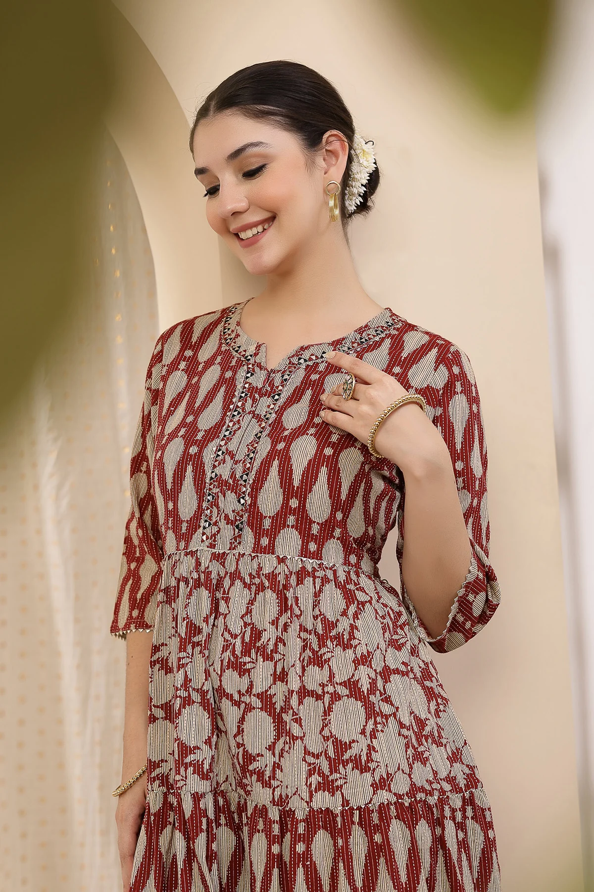 Ethnic Cotton Tiered Maternity Kurti for Feeding - Rust - Image 5