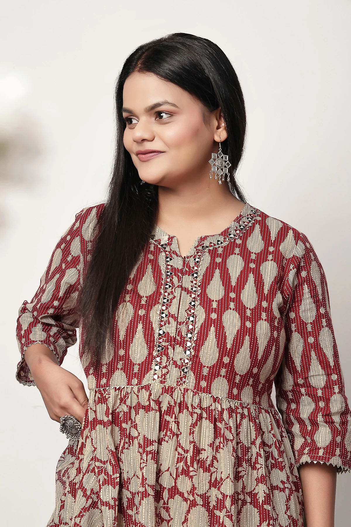 Ethnic Cotton Tiered Maternity Kurti for Feeding - Rust - Image 8