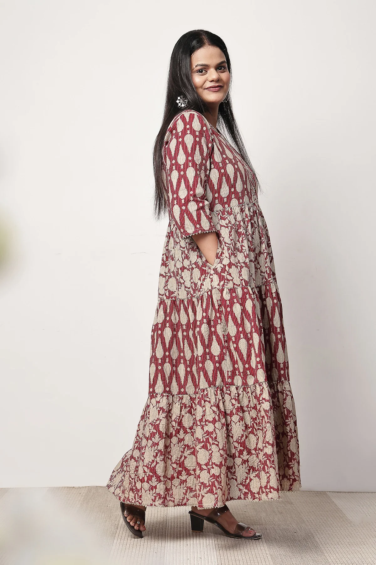 Ethnic Cotton Tiered Maternity Kurti for Feeding - Rust - Image 9