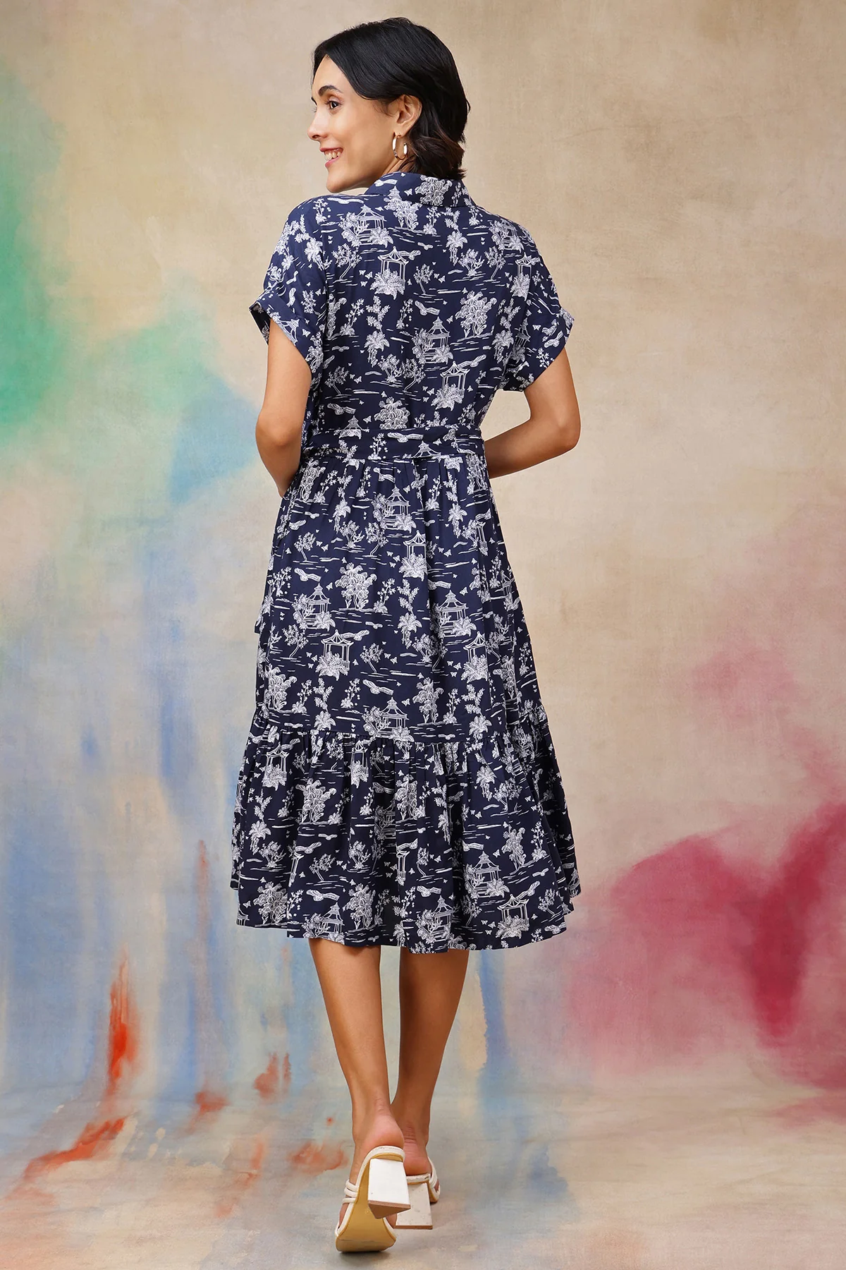 Everly Toile Printed Tiered Cotton Poplin Zipless Feeding Shirt Dress - Image 3