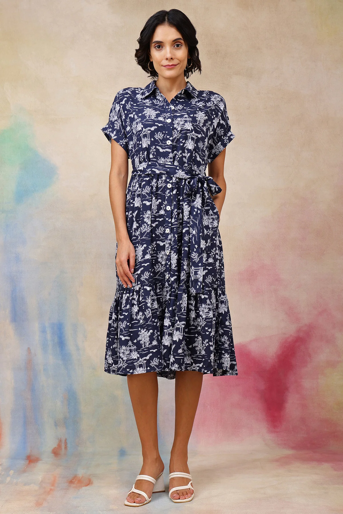 Everly Toile Printed Tiered Cotton Poplin Zipless Feeding Shirt Dress - Image 5