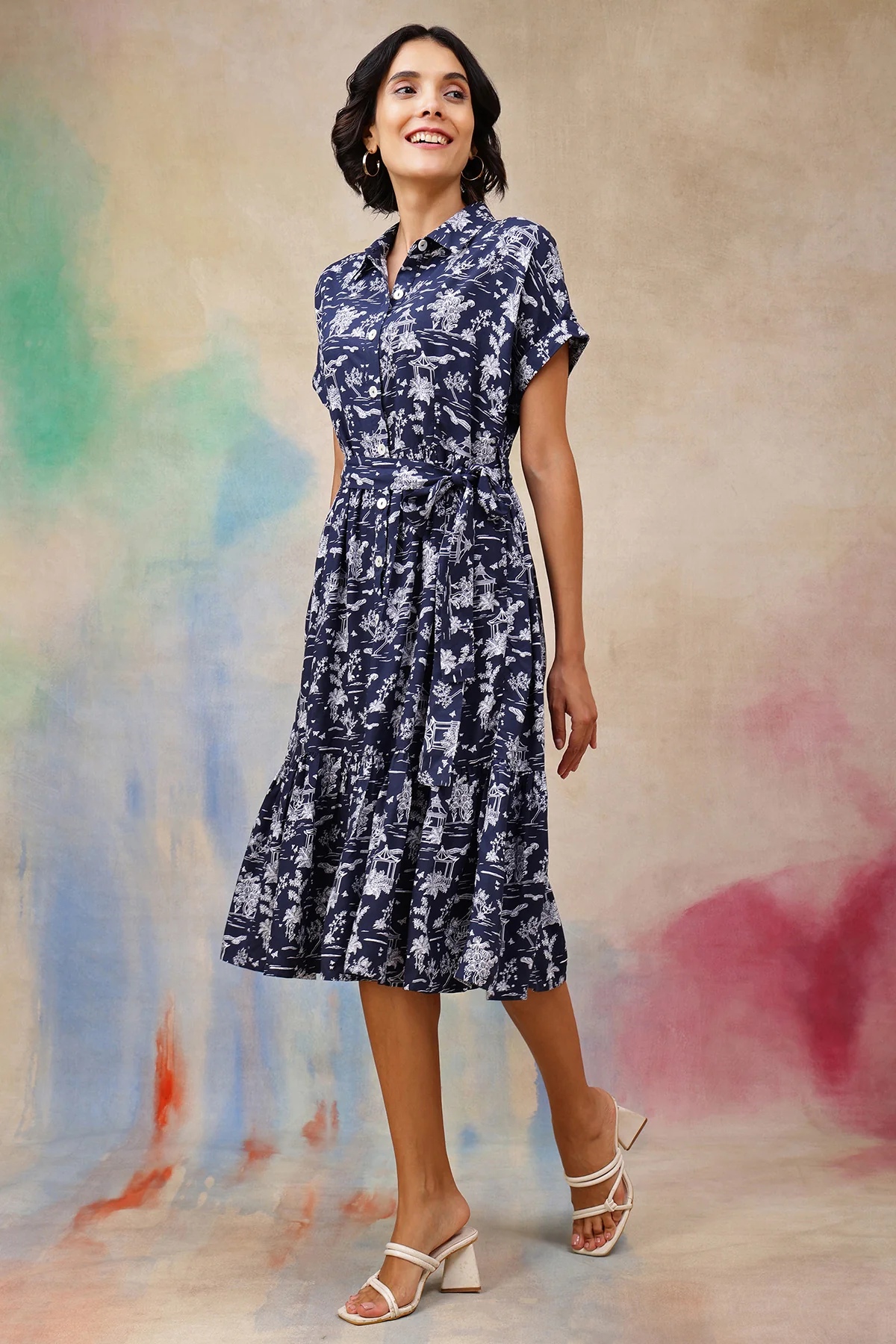 Everly Toile Printed Tiered Cotton Poplin Zipless Feeding Shirt Dress - Image 8
