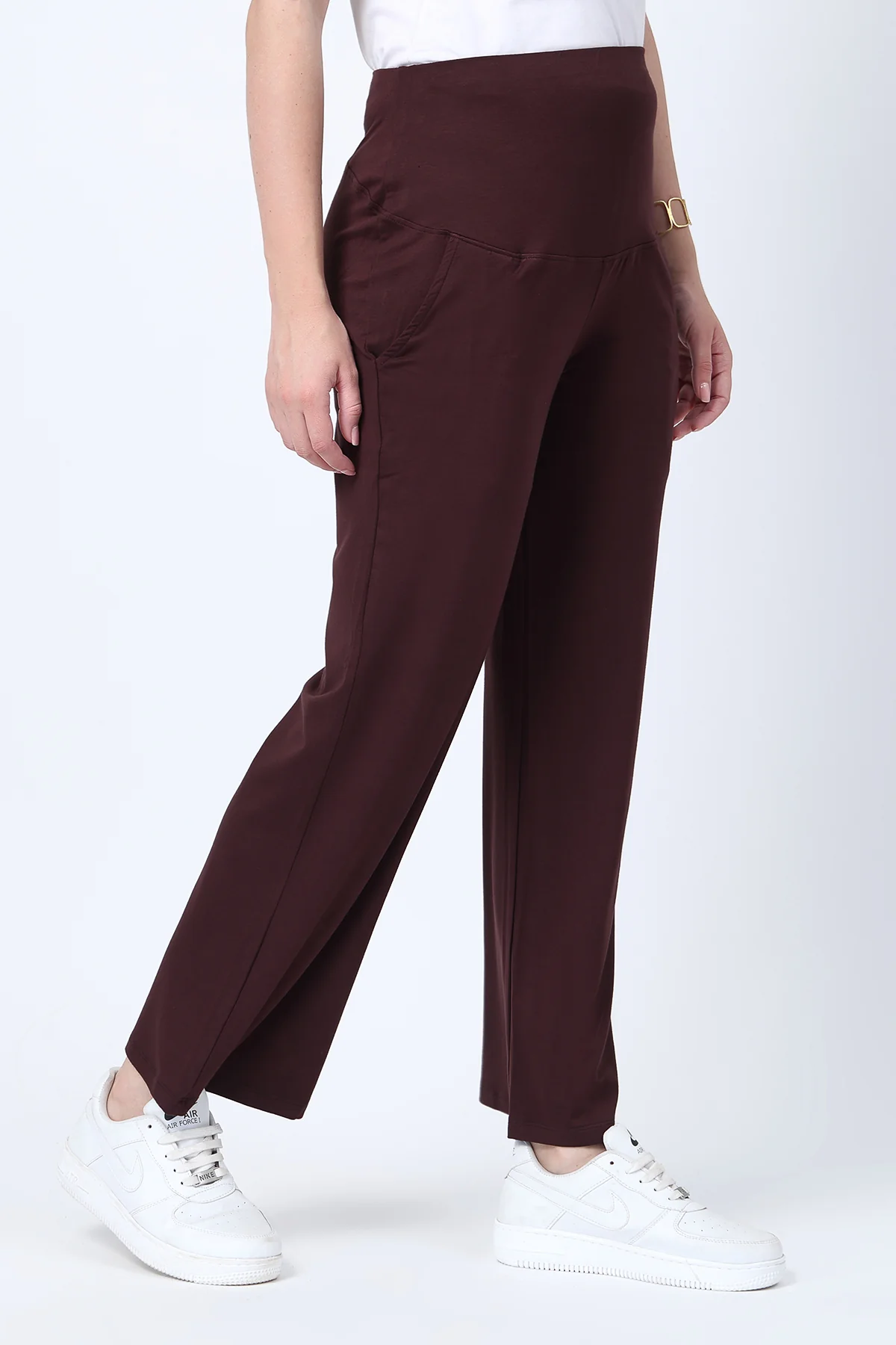 Flared High Waist Maternity Pants with Pockets - Dark Chocolate - Image 10