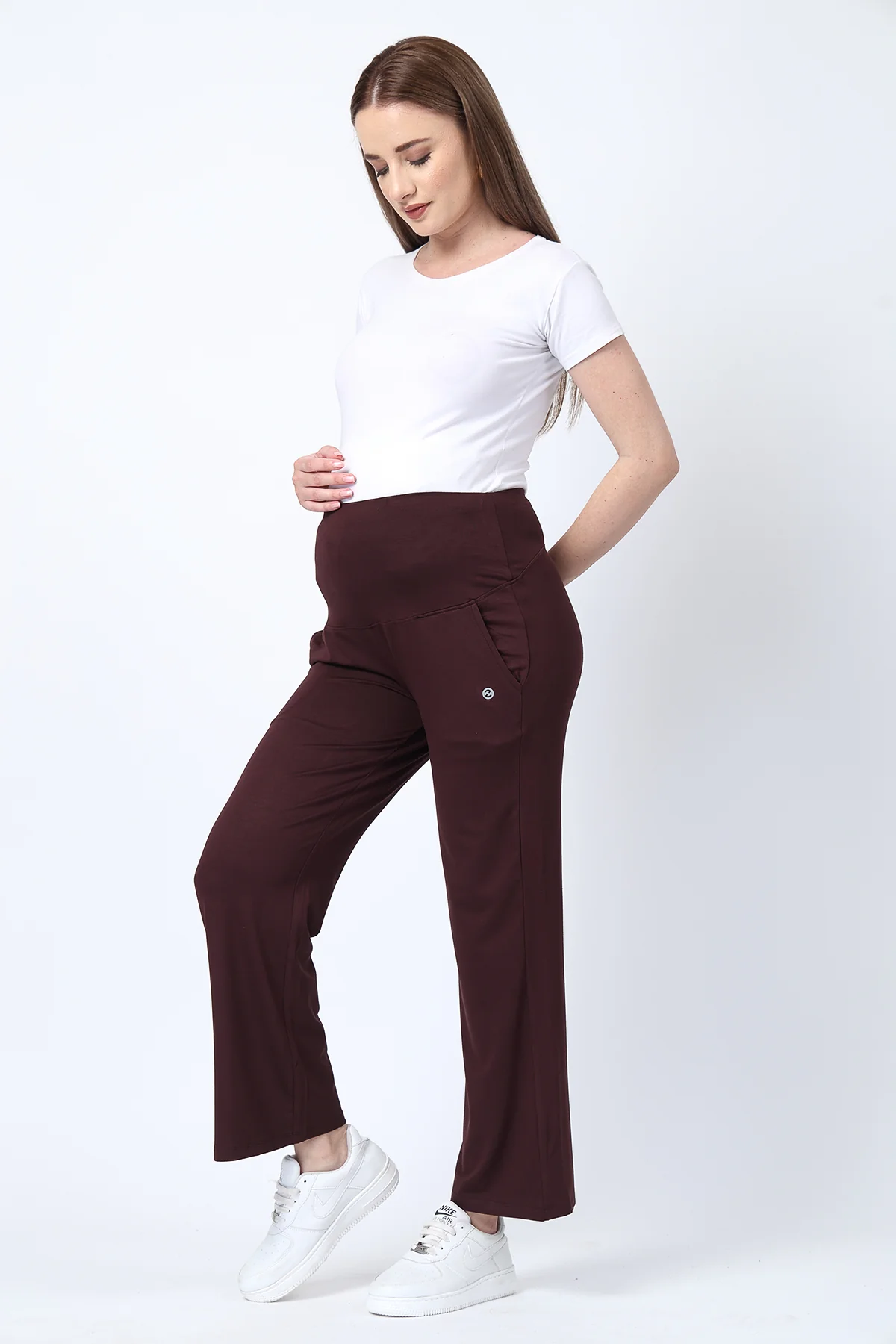Flared High Waist Maternity Pants with Pockets - Dark Chocolate - Image 11