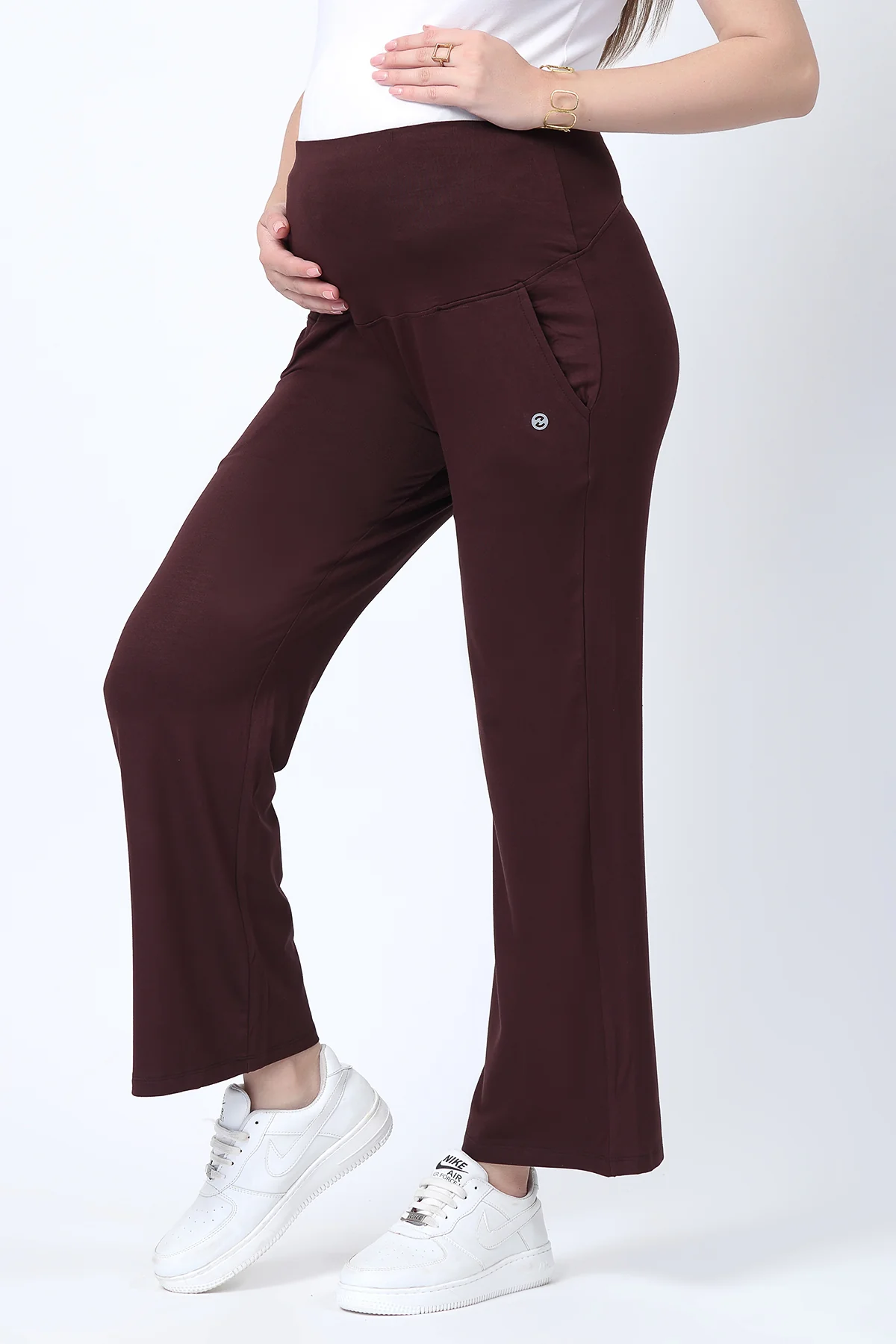 Flared High Waist Maternity Pants with Pockets - Dark Chocolate - Image 4