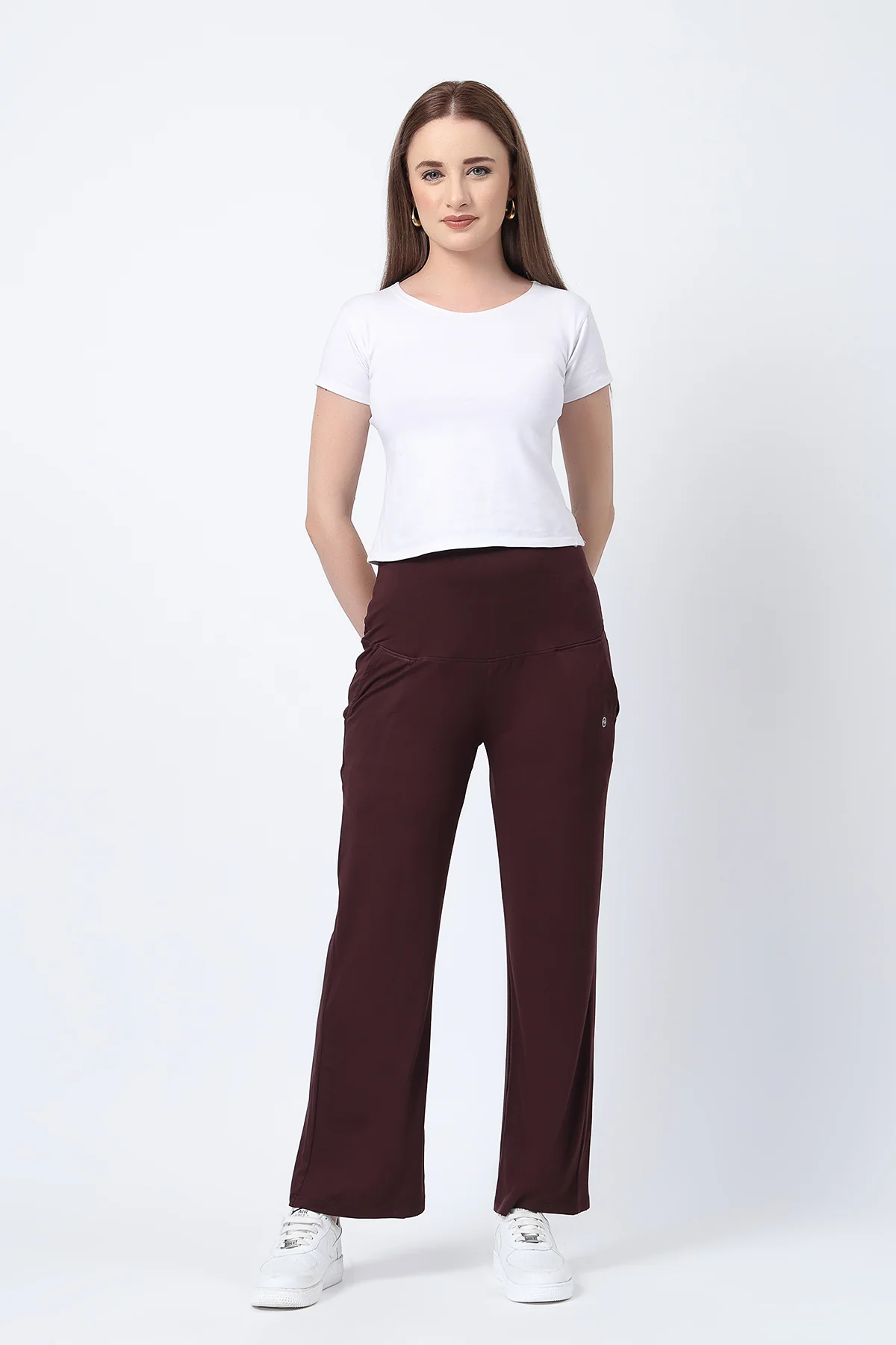 Flared High Waist Maternity Pants with Pockets - Dark Chocolate - Image 5