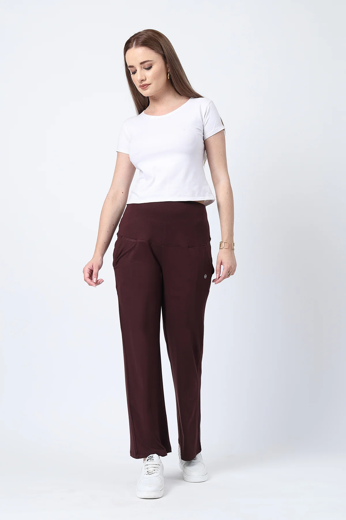 Flared High Waist Maternity Pants with Pockets - Dark Chocolate - Image 6