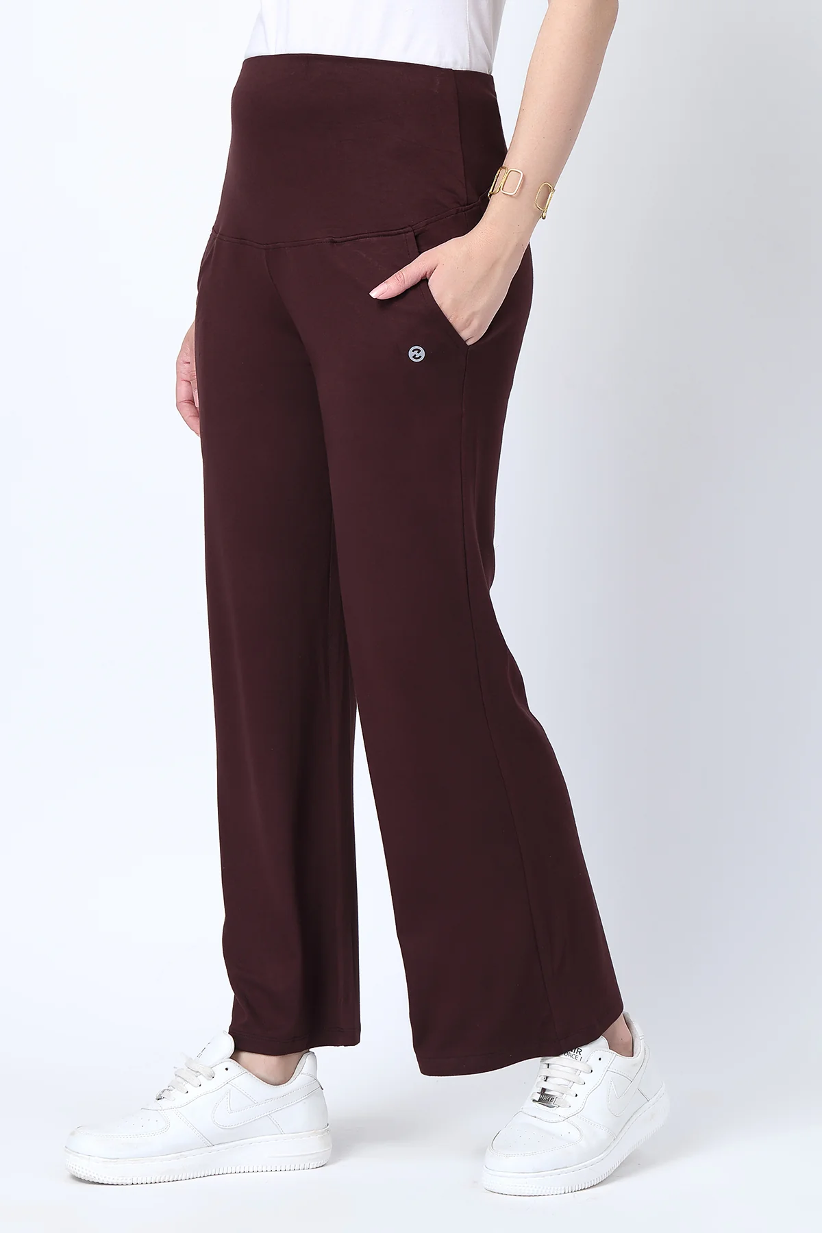 Flared High Waist Maternity Pants with Pockets - Dark Chocolate - Image 7