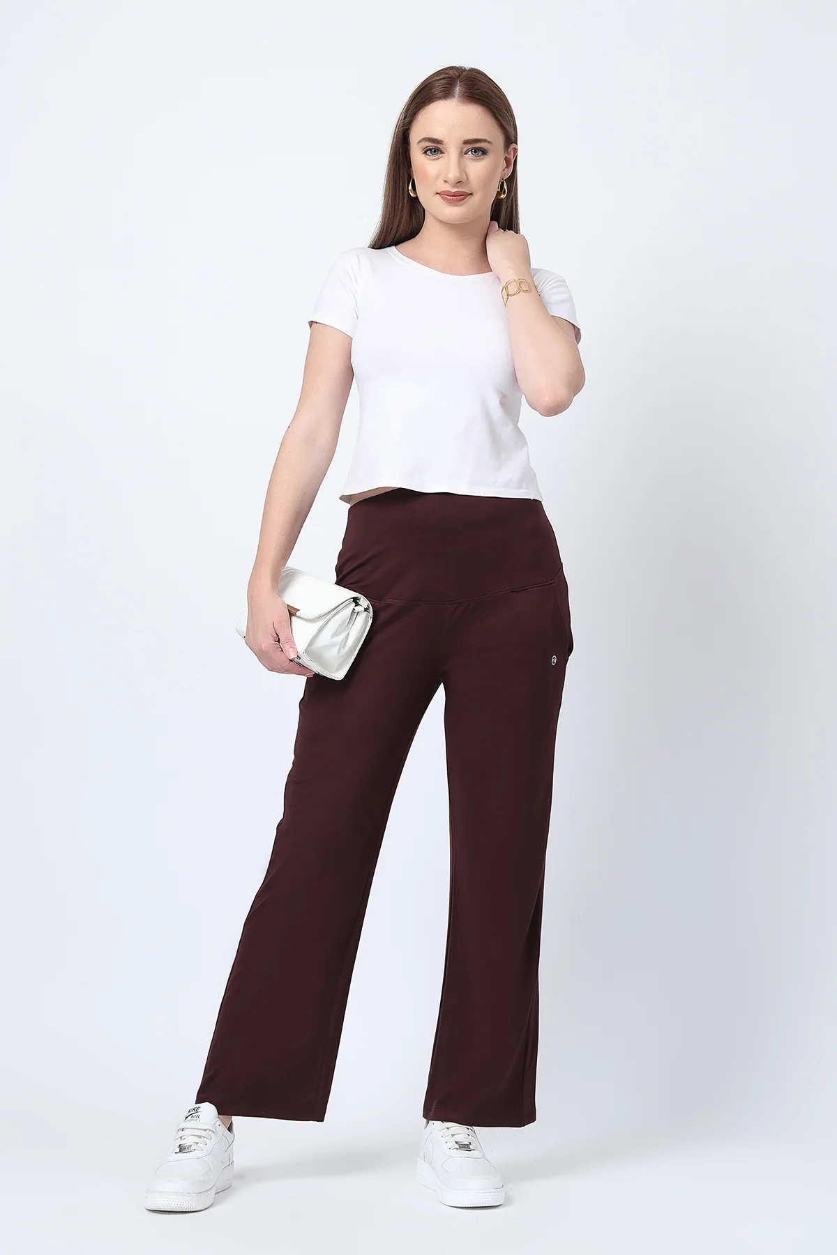 Flared High Waist Maternity Pants with Pockets - Dark Chocolate - Image 8