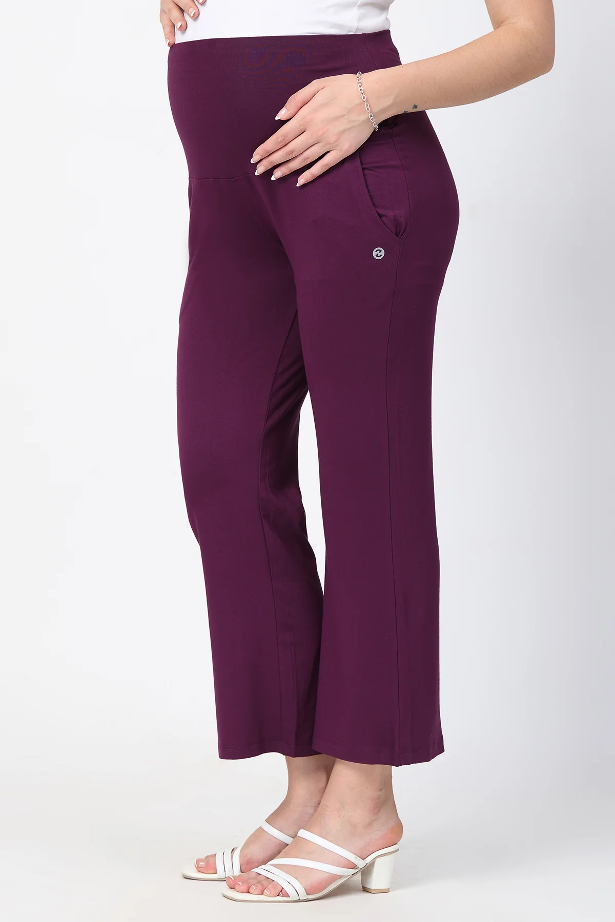 Flared High Waist Maternity Pants with Pockets - Deep Burgundy - Image 4