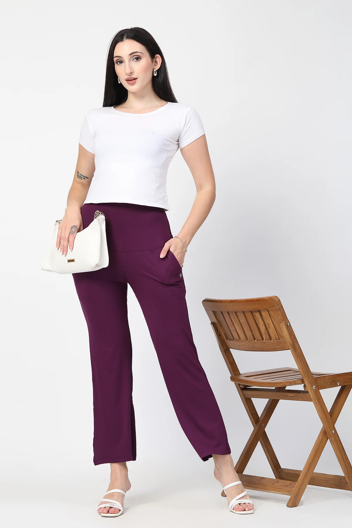 Flared High Waist Maternity Pants with Pockets - Deep Burgundy - Image 5