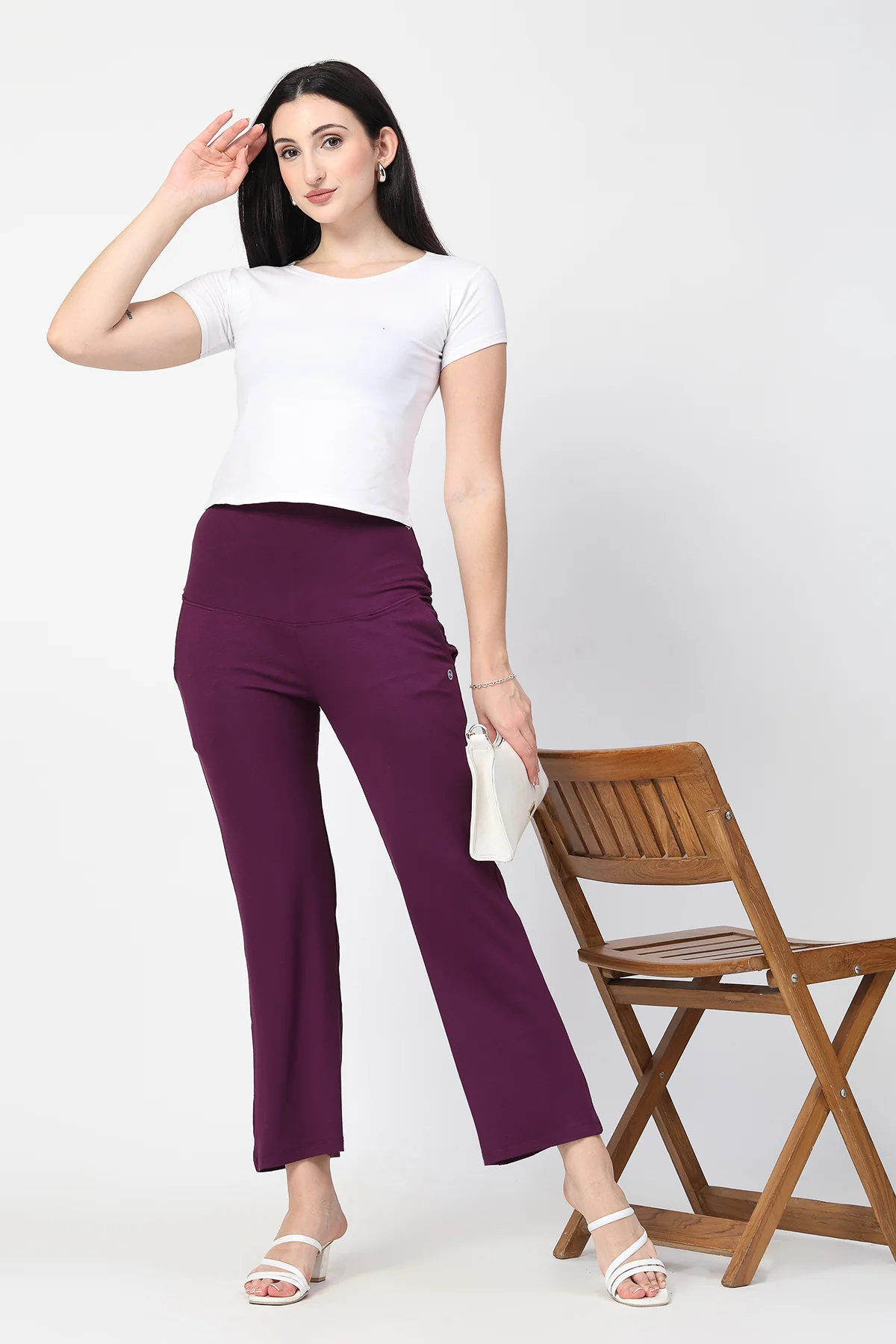 Flared High Waist Maternity Pants with Pockets - Deep Burgundy - Image 6