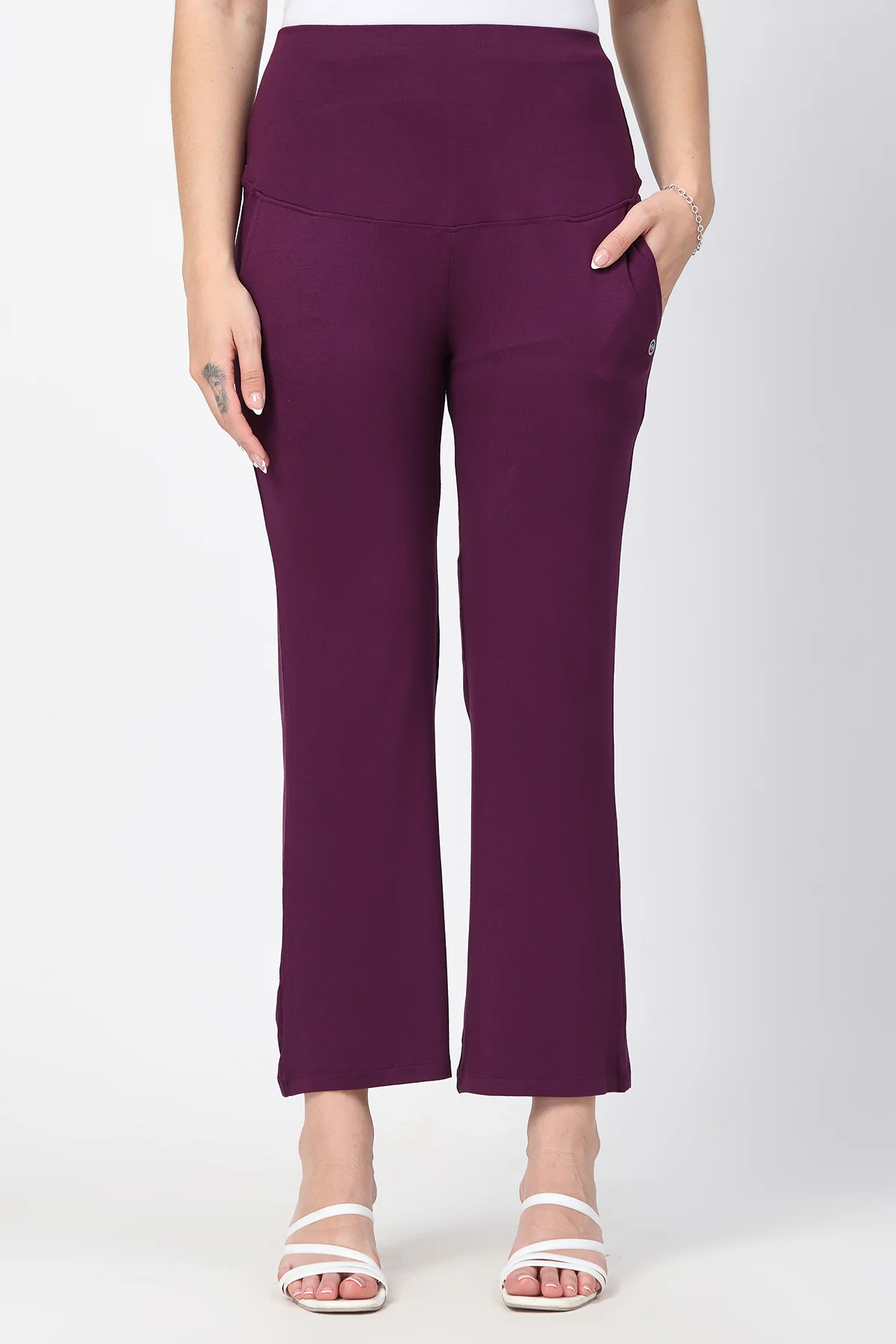 Flared High Waist Maternity Pants with Pockets - Deep Burgundy - Image 7