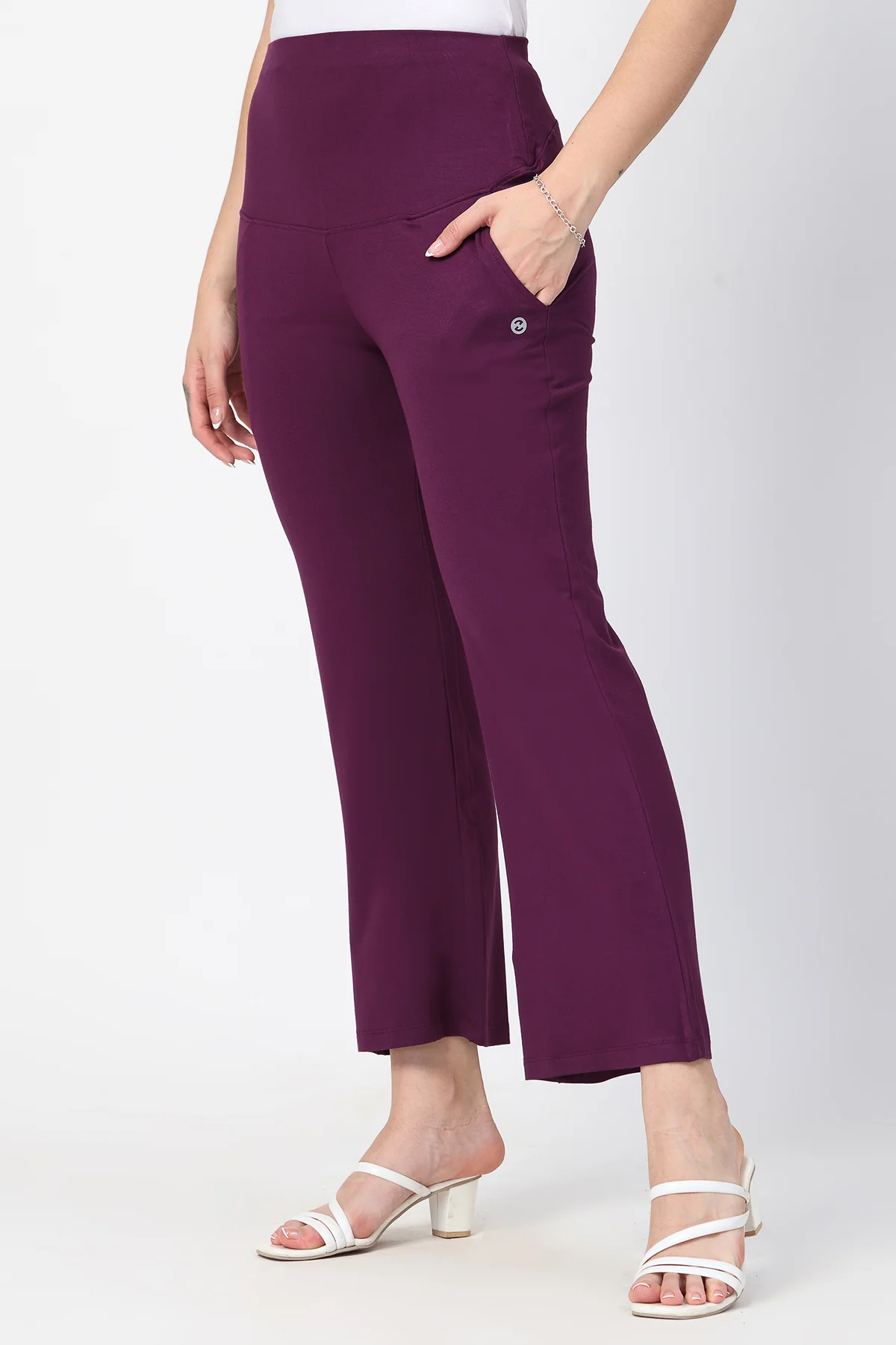 Flared High Waist Maternity Pants with Pockets - Deep Burgundy - Image 8