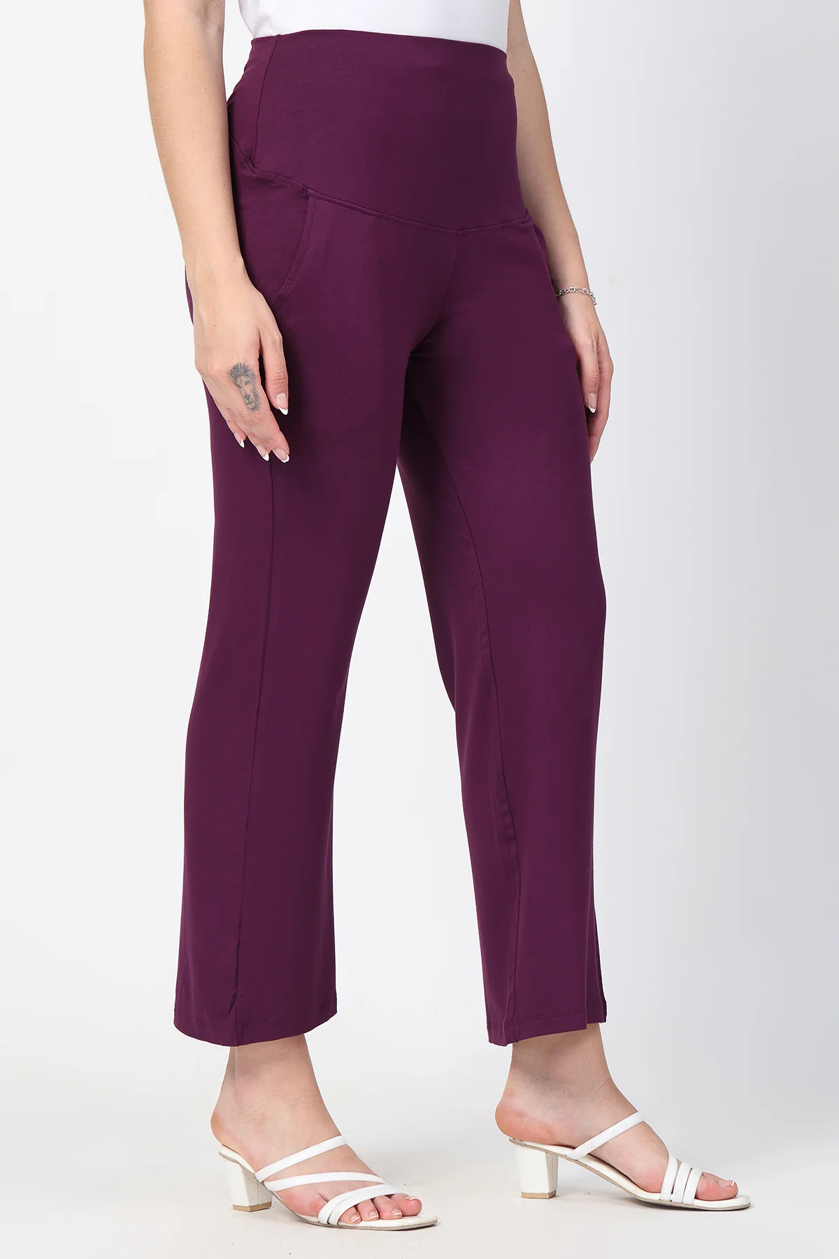 Flared High Waist Maternity Pants with Pockets - Deep Burgundy - Image 9