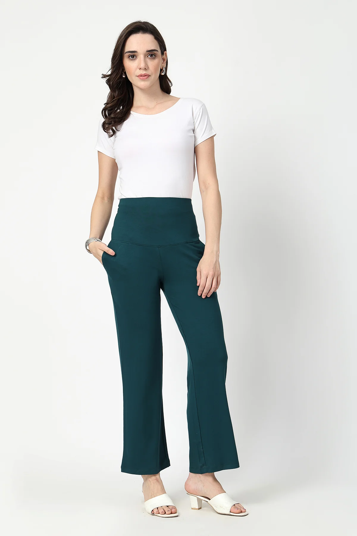 Flared High Waist Maternity Pants with Pockets - Deep Emerald - Image 10