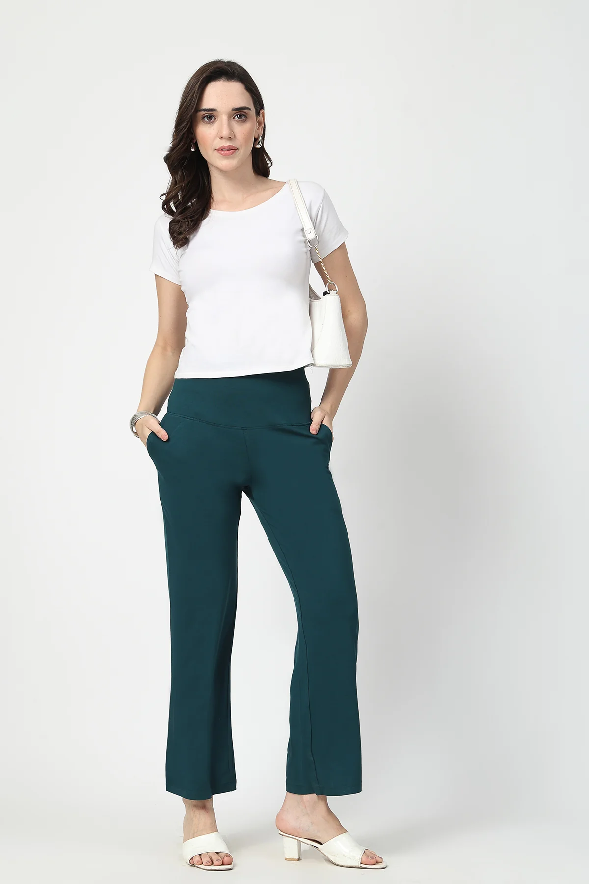 Flared High Waist Maternity Pants with Pockets - Deep Emerald - Image 11