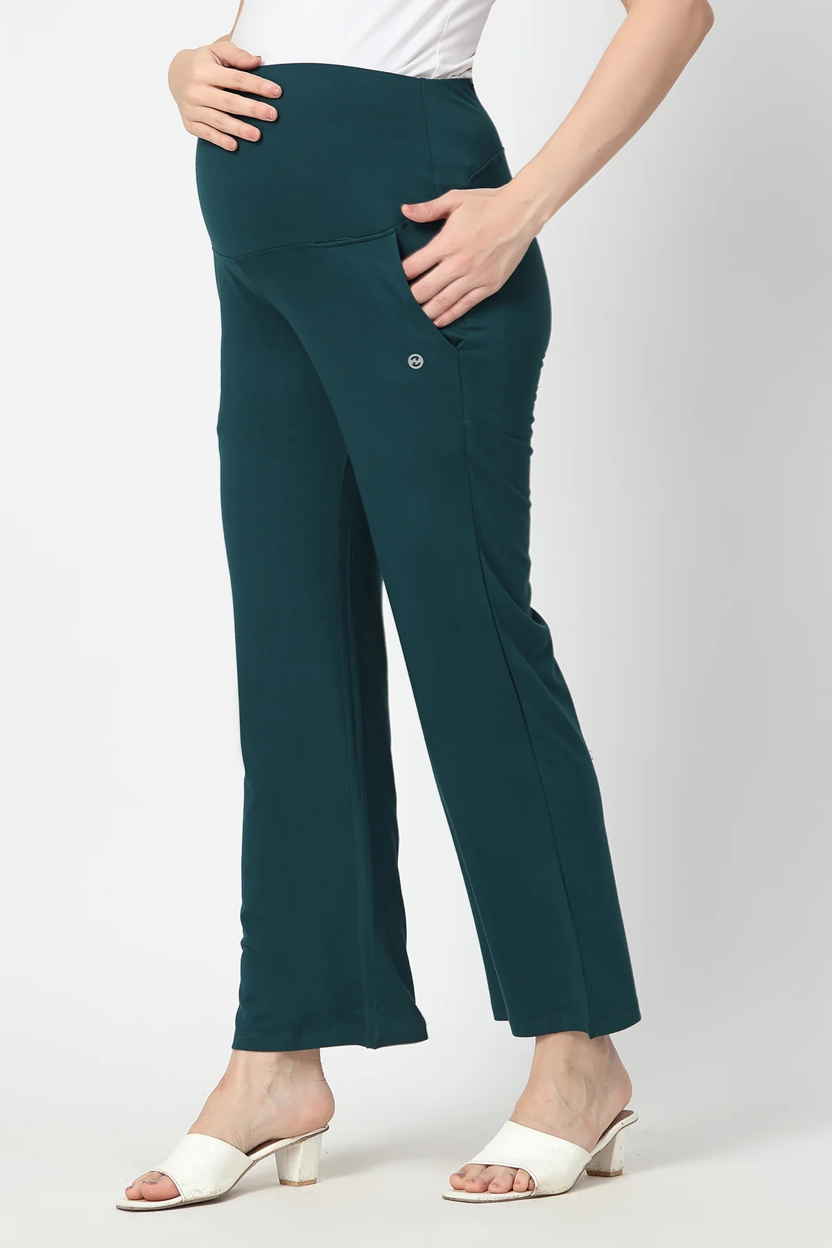 Flared High Waist Maternity Pants with Pockets - Deep Emerald - Image 4