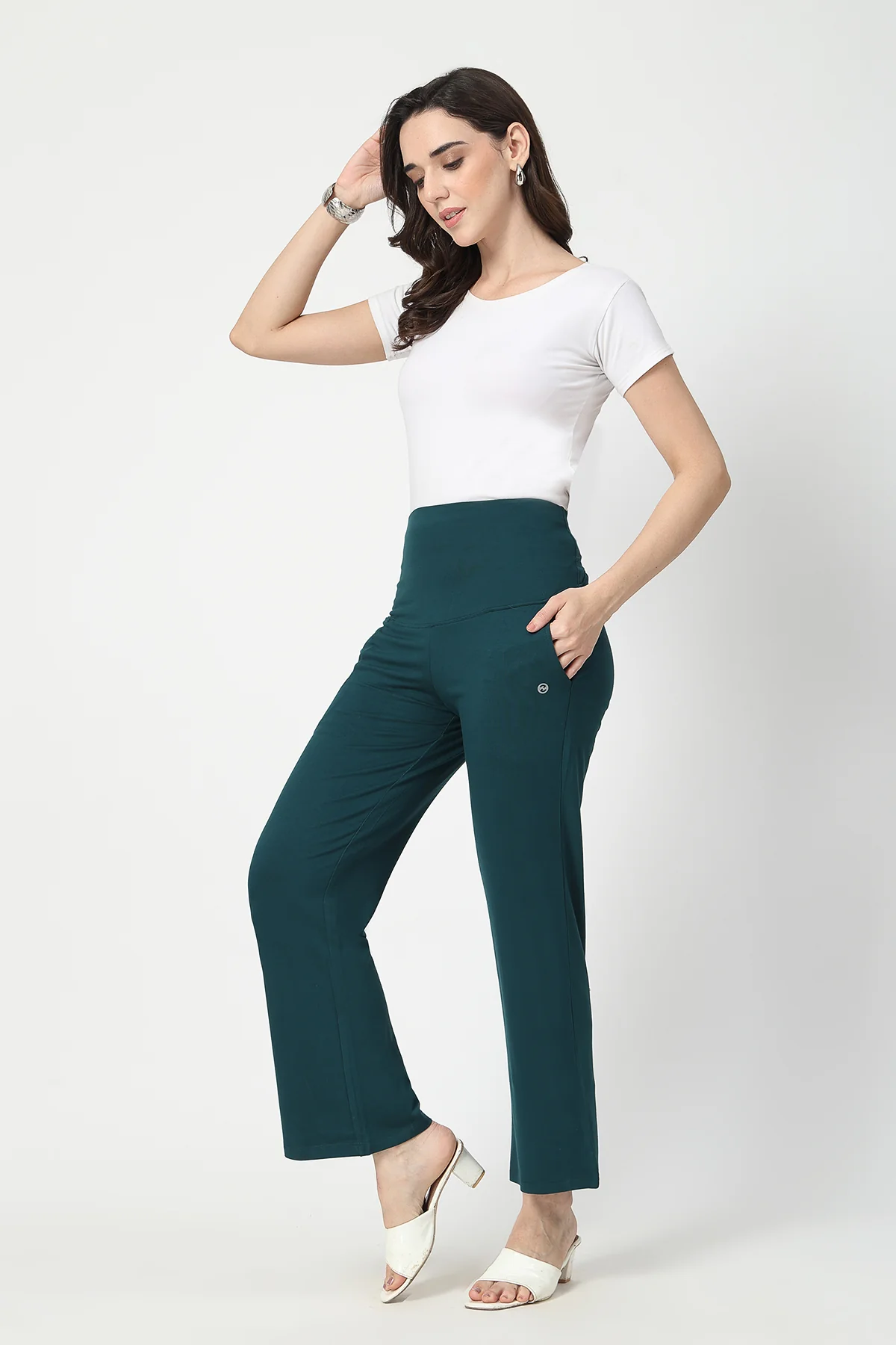 Flared High Waist Maternity Pants with Pockets - Deep Emerald - Image 5