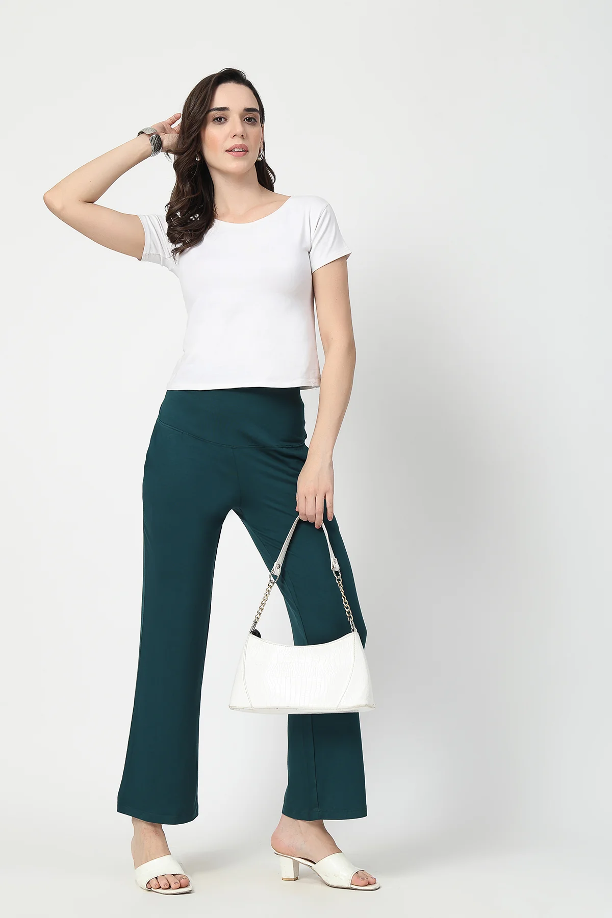Flared High Waist Maternity Pants with Pockets - Deep Emerald - Image 6