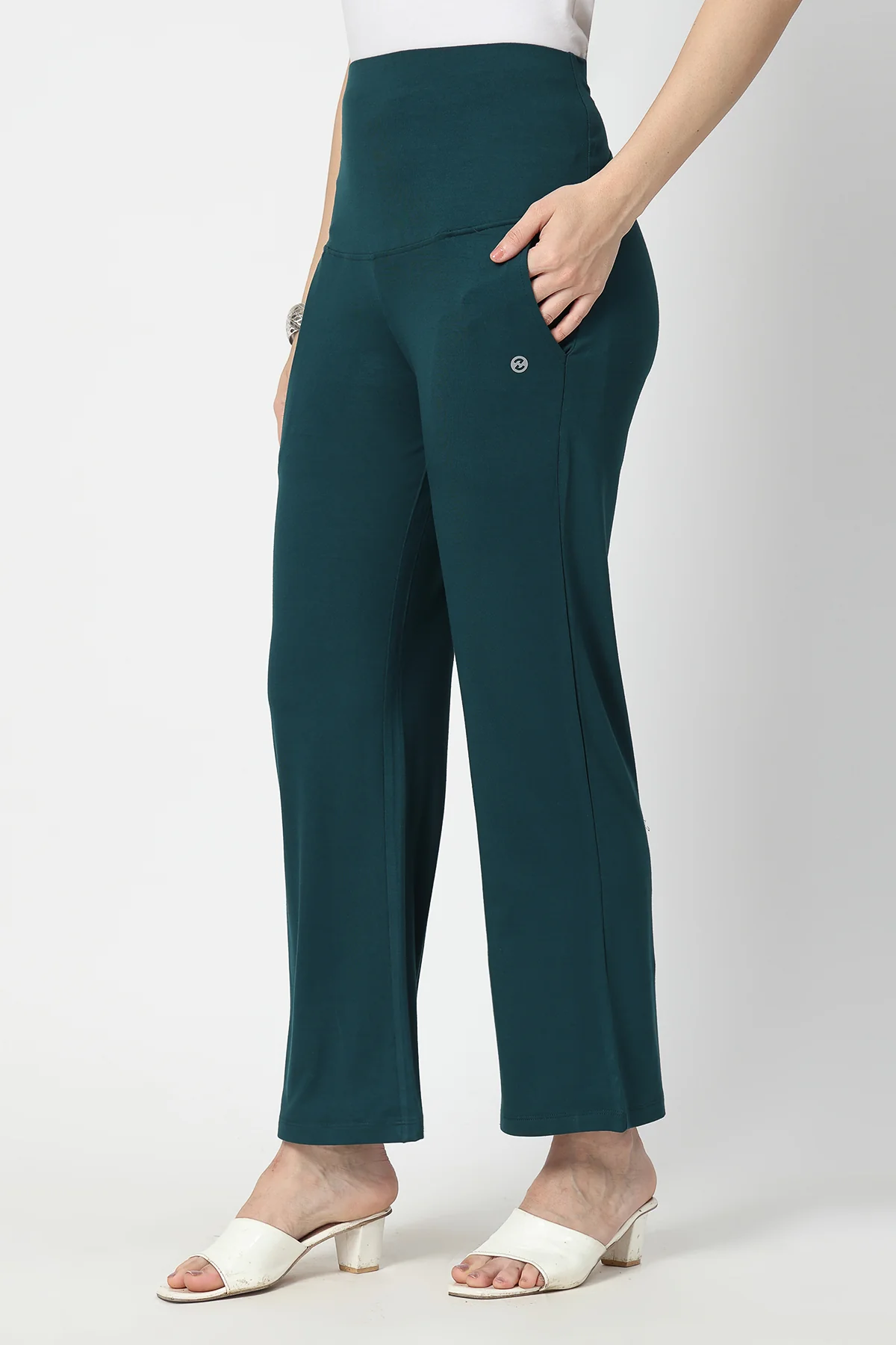 Flared High Waist Maternity Pants with Pockets - Deep Emerald - Image 7