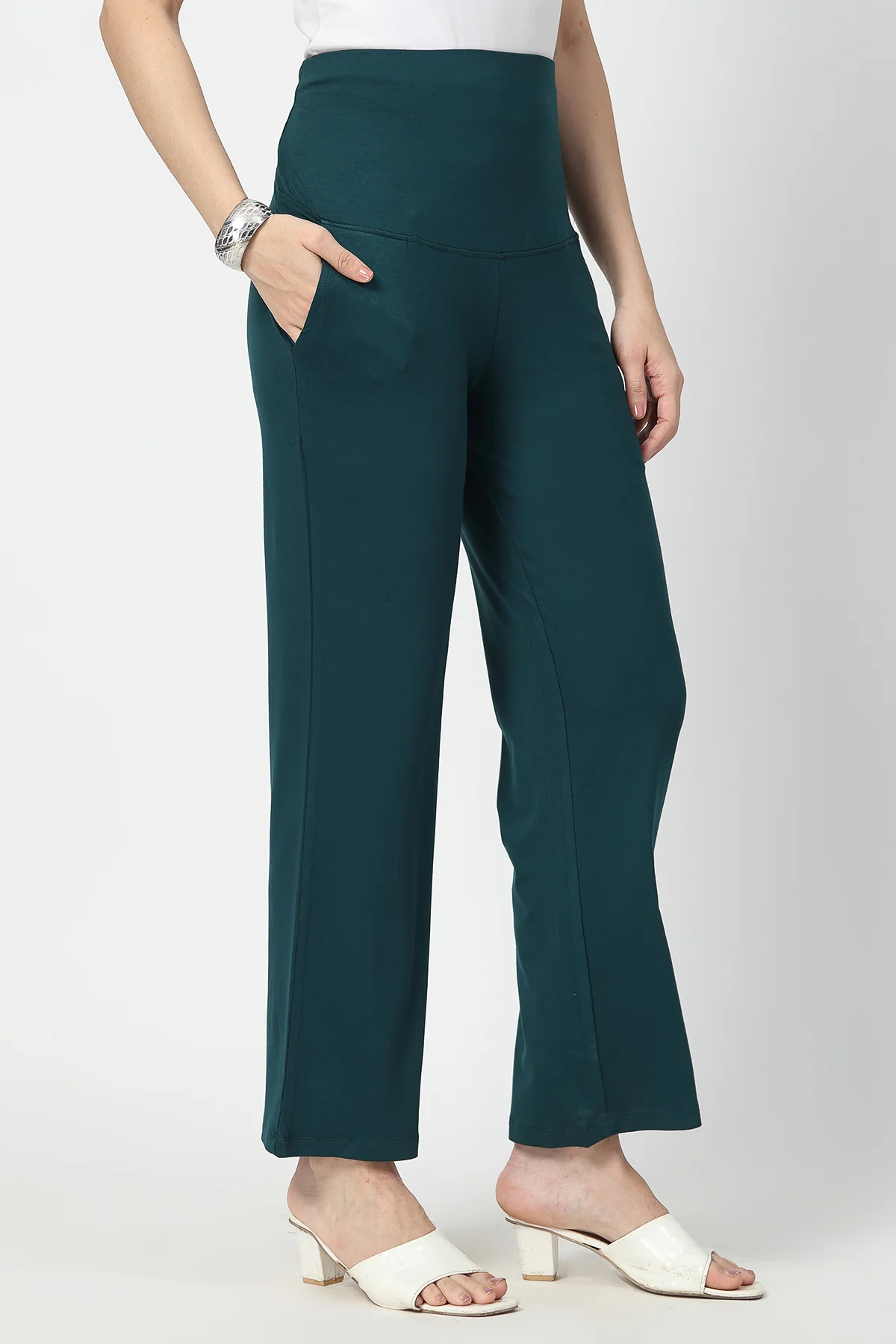 Flared High Waist Maternity Pants with Pockets - Deep Emerald - Image 9