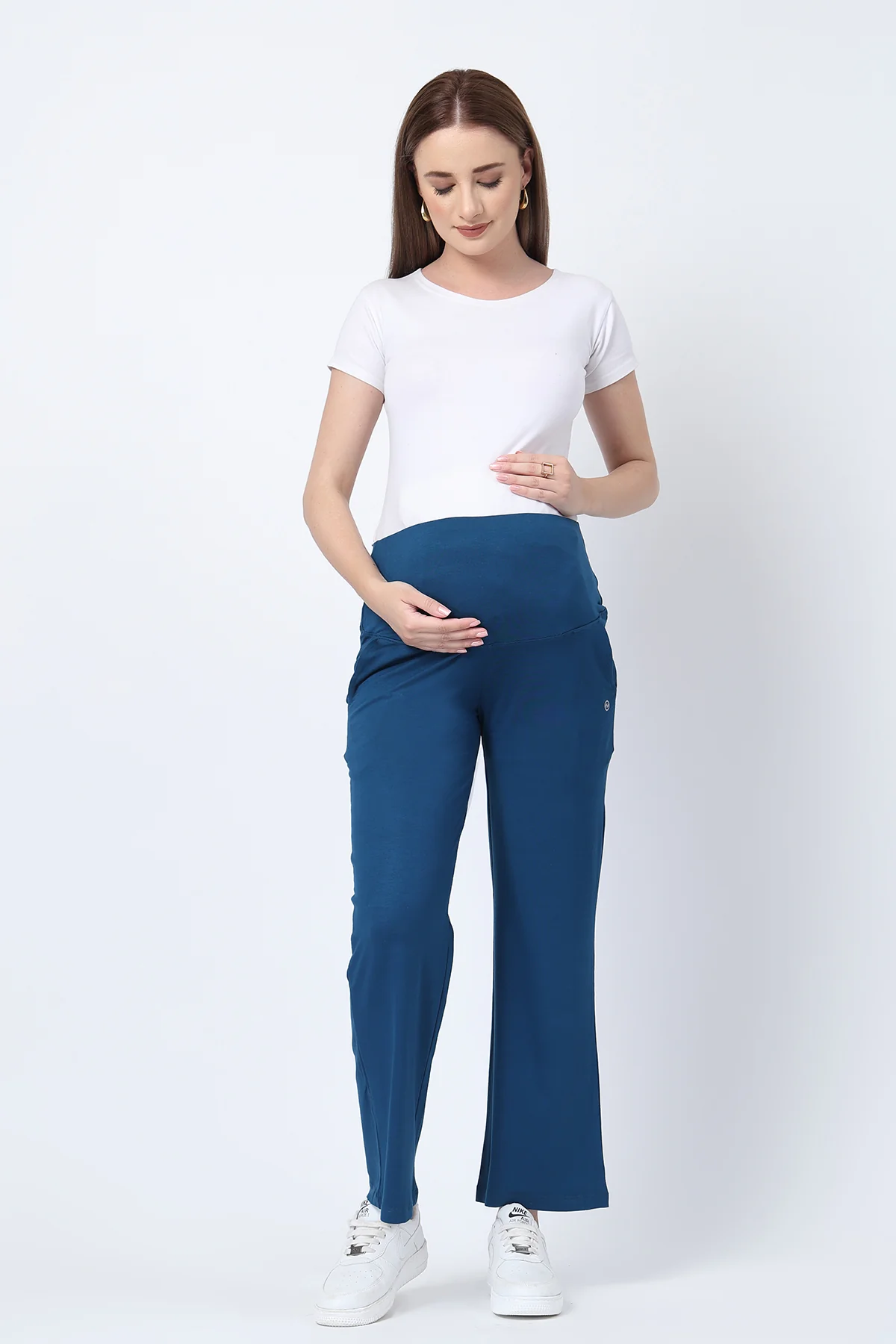 Flared High Waist Maternity Pants with Pockets - Deep Teal - Image 10