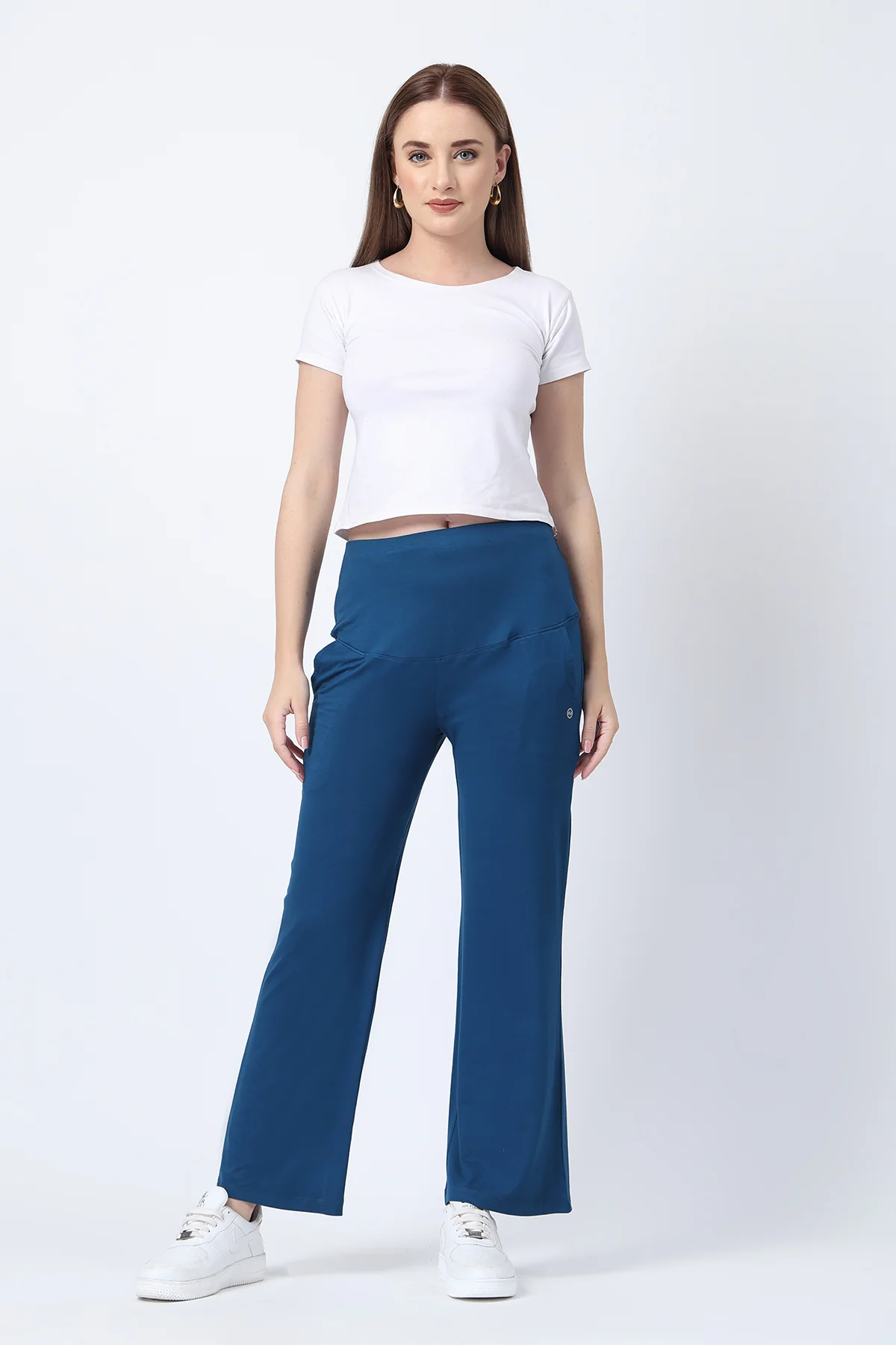 Flared High Waist Maternity Pants with Pockets - Deep Teal - Image 5