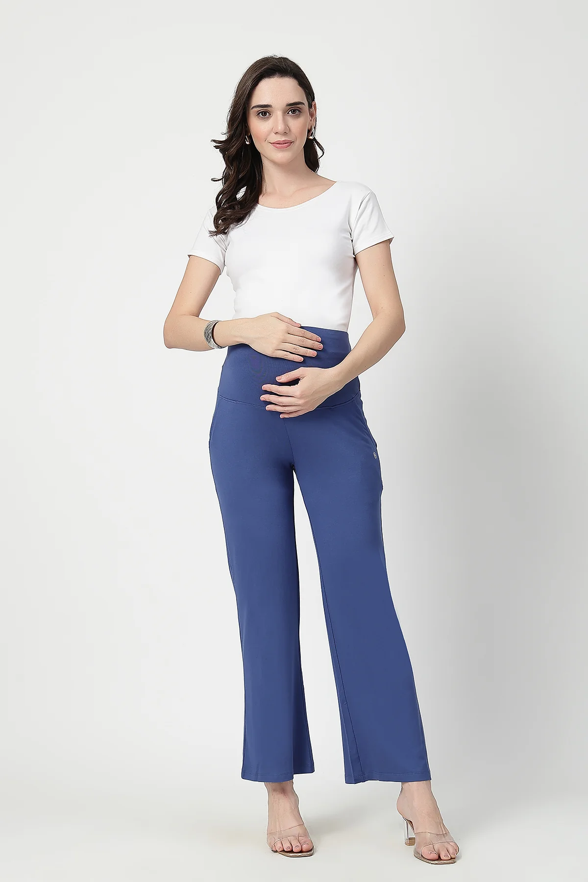 Flared High Waist Maternity Pants with Pockets - Denim Blue - Image 4